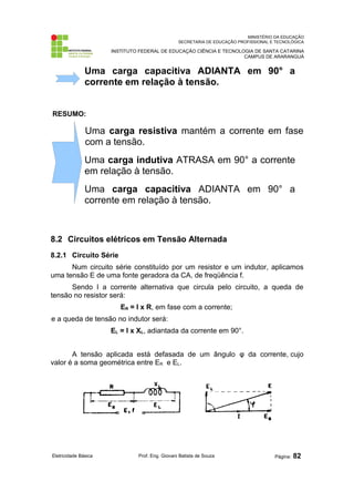 MINISTÉRIO DA EDUCAÇÃO 
SECRETARIA DE EDUCAÇÃO PROFISSIONAL E TECNOLÓGICA 
INSTITUTO FEDERAL DE EDUCAÇÃO CIÊNCIA E TECNOLOGIA DE SANTA CATARINA 
CAMPUS DE ARARANGUÁ 
Uma carga capacitiva ADIANTA em 90° a 
corrente em relação à tensão. 
RESUMO: 
Uma carga resistiva mantém a corrente em fase 
com a tensão. 
Uma carga indutiva ATRASA em 90° a corrente 
em relação à tensão. 
Uma carga capacitiva ADIANTA em 90° a 
corrente em relação à tensão. 
8.2 Circuitos elétricos em Tensão Alternada 
8.2.1 Circuito Série 
Num circuito série constituído por um resistor e um indutor, aplicamos 
uma tensão E de uma fonte geradora da CA, de freqüência f. 
Sendo I a corrente alternativa que circula pelo circuito, a queda de 
tensão no resistor será: 
ER = I x R, em fase com a corrente; 
e a queda de tensão no indutor será: 
EL = I x XL, adiantada da corrente em 90°. 
A tensão aplicada está defasada de um ângulo φ da corrente, cujo 
valor é a soma geométrica entre ER e EL. 
Eletricidade Básica Prof. Eng. Giovani Batista de Souza Página: 82 
 
