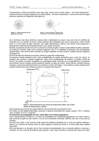 CEFET – Campos / Módulo 1                                            Apostila de Eletricidade Básica    10


Transportando o efeito termoiônico para esse caso, temos que na parte interior - de maior temperatura -
haverá acumulo de cargas negativas e na parte exterior - de menor temperatura - haverá acúmulo de cargas
positivas (ausência de negativas) (vide figura 3).




Se o fenômeno não fosse dinâmico, estaria dada a eletrização da nuvem, mas como há um turbilhão de
correntes de ar no interior da nuvem, esses granizos são arrastados para cima e para baixo, vindo a colidir
entre si e com flocos de gelo menores, que estão eletricamente neutros, pois sendo muito pequenos é
desprezível a diferença de temperatura entre o seu interior e exterior.
Quando os granizos chocam-se com os pequenos cristais de gelo, roubam cargas elétricas deles, deixando-
os positivos e ficando, após muito choques negativos. Isto é, na realidade os granizos, são neutralizados
externamente, mas como tinham excesso de cargas negativas na parte interior, acabam ficando negativos
(vide figura 4).
Ao final de algumas dezenas de minutos, teremos a seguinte configuração:
O pequenos cristais (positivos) têm maior probabilidade de serem arrastados para o topo da nuvem, os
granizos que sofreram choques (negativos), terão maior probabilidade de estarem na região central da
nuvem, em queda ou sendo arrastados ou sustentados pelas correntes de ar ascendentes e os granizos
que sofreram pouco choques (ainda positivos) estarão na base da nuvem. Estes últimos, sofreram poucos
choques, porque provavelmente foram os primeiros a serem formados, o que justifica a quase ausência dos
cristais menores para que pudessem sofrer os choques (vide figura 5).




Esse processo de acúmulo de cargas elétricas irá ocorrendo até a formação do raio.
Em média, as três regiões eletrizadas, possuem a seguinte quantidade de cargas, superior +35 C, mediana
-40 C e inferior +5 C (C = coulomb).
O mecanismo de propagação do raio: muito além de um faísca gigantesca.
Como representamos na figura 5, a nuvem de tempestade tem dimensões gigantescas, por esse motivo e
pelo acúmulo de gelo em seu interior, a luz do sol é desviada e blindada, fazendo com que o céu torne-se
cinzento.
Em 90% dos casos, o raio inicia-se, pela ruptura do dielétrico (isolação) do ar, entre as regiões mediana e
inferior (um conjunto de faíscas entre as duas regiões) e acaba por ionizar o ar entre estas duas regiões
(figura 6a).
Uma vez estando o ar ionizado, isto é, bom condutor de eletricidade, há um rearranjo elétrico e inicia-se a
“descida” de uma corrente de elétrons que buscará o solo. Essa corrente na maioria das vezes não sobe,
 