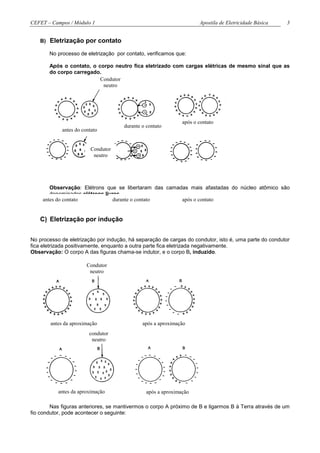 CEFET – Campos / Módulo 1                                             Apostila de Eletricidade Básica   3


   B)   Eletrização por contato
        No processo de eletrização por contato, verificamos que:

        Após o contato, o corpo neutro fica eletrizado com cargas elétricas de mesmo sinal que as
        do corpo carregado.
                           Condutor
                            neutro




                                                               após o contato
                                      durante o contato
             antes do contato


                          Condutor
                           neutro




       Observação: Elétrons que se libertaram das camadas mais afastadas do núcleo atômico são
       denominados elétrons livres.
    antes do contato           durante o contato       após o contato


   C) Eletrização por indução


No processo de eletrização por indução, há separação de cargas do condutor, isto é, uma parte do condutor
fica eletrizada positivamente, enquanto a outra parte fica eletrizada negativamente.
Observação: O corpo A das figuras chama-se indutor, e o corpo B, induzido.

                        Condutor
                         neutro




        antes da aproximação                  após a aproximação
                         condutor
                          neutro




           antes da aproximação                 após a aproximação

        Nas figuras anteriores, se mantivermos o corpo A próximo de B e ligarmos B à Terra através de um
fio condutor, pode acontecer o seguinte:
 