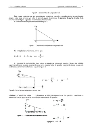 CEFET – Campos / Módulo 1                                                      Apostila de Eletricidade Básica   31



                                     Figura 4 – Característica de um gerador real.

         Pela curva, notamos que, ao aumentarmos o valor da corrente, a tensão diminui e quando esta
atingir o valor zero, teremos um valor de corrente que é denominada de corrente de curto-circuito (lcc),
pois nessas condições o gerador encontra-se curto-circuitado.
         A característica completa é mostrada na figura 5.


                                         U
                                          E




                                          0                              ICC       I

                                Figura 5 – Característica completa de um gerador real.


        Na condição de curto-circuito, temos que:

                                                  E
        U = E – rI      0 = E – rIcc    Icc =
                                                  r


       A corrente de curto-circuito bem como a resistência interna do gerador, devem ser obtidas
experimentalmente, ou seja, levantando-se a curva característica do gerador e extraindo desta, esses dois
parâmetros, conforme mostramos a seguir na figura 6.

               U
               E
              V      α(
                                                                     V                         E
                                                      r = tgα =                e       Icc =
                                                                     I                         r


               0           I                          I
Figura 6 – Curva característica de um gerador real.


Exemplo: O gráfico da figura 11.7 representa a curva característica de um gerador. Determinar a
resistência interna, a corrente de curto-circuito e a equação do gerador.
 