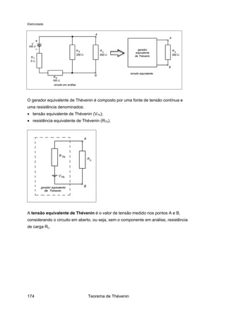 Eletricidade
O gerador equivalente de Thévenin é composto por uma fonte de tensão contínua e
uma resistência denominados:
• tensão equivalente de Thévenin (VTh);
• resistência equivalente de Thévenin (RTh).
A tensão equivalente de Thévenin é o valor de tensão medido nos pontos A e B,
considerando o circuito em aberto, ou seja, sem o componente em análise, resistência
de carga RL.
Teorema de Thévenin174
 