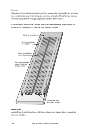 Eletricidade
Cada bloco de contatos é constituído por furos que permitem a inserção dos terminais
dos componentes para uma interligação provisória entre eles. Desta forma é possível
montar um circuito eletrônico para apenas um ensaio de laboratório.
A parte externa da matriz de contatos é feita de material isolante. Internamente os
contatos são interligados por meio de ligas de prata e níquel.
Observação
A ocorrência de curto-circuito na matriz de contatos pode causar danos irreparáveis
nos seus contatos.
Matriz de contatos e placa de circuito impresso208
 
