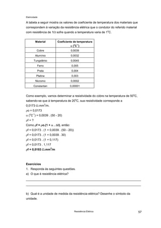 Eletricidade
Resistência Elétrica 57
A tabela a seguir mostra os valores de coeficiente de temperatura dos materiais que
correspondem à variação da resistência elétrica que o condutor do referido material
com resistência de 1Ω sofre quando a temperatura varia de 1o
C.
Material Coeficiente de temperatura
α (
o
C
-1
)
Cobre 0,0039
Alumínio 0,0032
Tungstênio 0,0045
Ferro 0,005
Prata 0,004
Platina 0,003
Nicromo 0,0002
Constantan 0,00001
Como exemplo, vamos determinar a resistividade do cobre na temperatura de 50o
C,
sabendo-se que à temperatura de 20o
C, sua resistividade corresponde a
0,0173 Ω.mm2
/m.
ρo = 0,0173
α (o
C
-1
) = 0,0039 . (50 - 20)
ρf = ?
Como ρf = ρo.(1 + α . ∆θ), então:
ρf = 0,0173 . (1 + 0,0039 . (50 - 20))
ρf = 0,0173 . (1 + 0,0039 . 30)
ρf = 0,0173 . (1 + 0,117)
ρf = 0,0173 . 1,117
ρf = 0,0193 Ω.mm2
/m
Exercícios
1. Responda às seguintes questões.
a) O que é resistência elétrica?
b) Qual é a unidade de medida da resistência elétrica? Desenhe o símbolo da
unidade.
 
