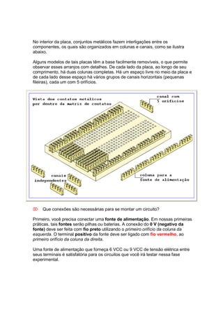 No interior da placa, conjuntos metálicos fazem interligações entre os
componentes, os quais são organizados em colunas e canais, como se ilustra
abaixo.

Alguns modelos de tais placas têm a base facilmente removíveis, o que permite
observar esses arranjos com detalhes. De cada lado da placa, ao longo de seu
comprimento, há duas colunas completas. Há um espaço livre no meio da placa e
de cada lado desse espaço há vários grupos de canais horizontais (pequenas
fileiras), cada um com 5 orifícios.




 Que conexões são necessárias para se montar um circuito?

Primeiro, você precisa conectar uma fonte de alimentação. Em nossas primeiras
práticas, tais fontes serão pilhas ou baterias. A conexão do 0 V (negativo da
fonte) deve ser feita com fio preto utilizando o primeiro orifício da coluna da
esquerda. O terminal positivo da fonte deve ser ligado com fio vermelho, ao
primeiro orifício da coluna da direita.

Uma fonte de alimentação que forneça 6 VCC ou 9 VCC de tensão elétrica entre
seus terminais é satisfatória para os circuitos que você irá testar nessa fase
experimental.
 