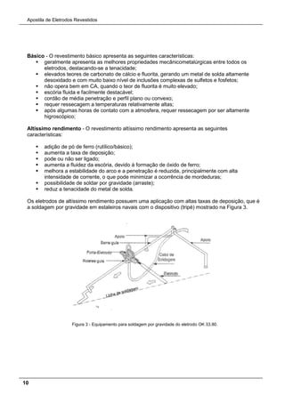 Apostila de Eletrodos Revestidos
10
Básico - O revestimento básico apresenta as seguintes características:
 geralmente apresenta as melhores propriedades mecânicometalúrgicas entre todos os
eletrodos, destacando-se a tenacidade;
 elevados teores de carbonato de cálcio e fluorita, gerando um metal de solda altamente
desoxidado e com muito baixo nível de inclusões complexas de sulfetos e fosfetos;
 não opera bem em CA, quando o teor de fluorita é muito elevado;
 escória fluida e facilmente destacável;
 cordão de média penetração e perfil plano ou convexo;
 requer ressecagem a temperaturas relativamente altas;
 após algumas horas de contato com a atmosfera, requer ressecagem por ser altamente
higroscópico;
Altíssimo rendimento - O revestimento altíssimo rendimento apresenta as seguintes
características:
 adição de pó de ferro (rutílico/básico);
 aumenta a taxa de deposição;
 pode ou não ser ligado;
 aumenta a fluidez da escória, devido à formação de óxido de ferro;
 melhora a estabilidade do arco e a penetração é reduzida, principalmente com alta
intensidade de corrente, o que pode minimizar a ocorrência de mordeduras;
 possibilidade de soldar por gravidade (arraste);
 reduz a tenacidade do metal de solda.
Os eletrodos de altíssimo rendimento possuem uma aplicação com altas taxas de deposição, que é
a soldagem por gravidade em estaleiros navais com o dispositivo (tripé) mostrado na Figura 3.
Figura 3 - Equipamento para soldagem por gravidade do eletrodo OK 33.80.
 