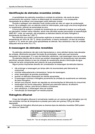 Apostila de Eletrodos Revestidos
28
Identificação de eletrodos revestidos úmidos
A sensibilidade dos eletrodos revestidos à umidade do ambiente, não sendo de pleno
conhecimento dos usuários, implica na deterioração do revestimento, e na consequente
necessidade de se efetuar uma ressecagem sobre eletrodos úmidos.
Durante a soldagem com eletrodos muito úmidos pode ser visto um vapor de condensação
branco. Se a soldagem com um eletrodo úmido for interrompida, pode surgir uma trinca longitudinal
no revestimento, partindo da extremidade do arco.
A forma ideal de analisar a umidade do revestimento de um eletrodo é realizar sua verificação
em laboratório; existem vários métodos, sendo mais difundido aquele preconizado na especificação
AWS A5.1, onde, por exemplo, são ensaiados os eletrodos básicos de baixo hidrogênio a
temperaturas da ordem de 1.000 °C.
Nos eletrodos que contêm componentes orgânicos os ensaios são realizados normalmente a
temperaturas em torno de 100 °C, sendo conveniente, e mesmo necessário, um teor de umidade
superior a 1%, tendo em vista a boa aplicabilidade do eletrodo. Nos celulósicos o teor de umidade
adequado situa-se entre 3% e 7%.
A ressecagem de eletrodos revestidos
Os eletrodos celulósicos não são muito higroscópicos e, como admitem teores mais elevados
de umidade, dificilmente acarretam formação de porosidades, razão pela qual raramente
necessitam de ressecagem. É o caso dos eletrodos celulósicos, cuja ressecagem deve ser evitada.
Os eletrodos básicos são os únicos que aceitam ressecagem em temperaturas mais elevadas,
permitindo redução drástica no teor de umidade do revestimento devido à diminuição da água
molecular de seus componentes sem prejuízo de suas propriedades.
Alguns pontos importantes deverão ser considerados na ressecagem de eletrodos básicos:
 não prolongar a ressecagem por tempo além do recomendado pelo fabricante do
consumível;
 controlar adequadamente a temperatura / tempo de ressecagem;
 evitar ressecagem de grandes quantidades;
 guardar os eletrodos ressecados em estufas apropriadas;
 a ressecagem minimiza o hidrogênio proveniente da umidade do revestimento em eletrodos
de baixo hidrogênio;
 sempre que possível, devem ser seguidas as recomendações do fabricante do consumível;
 ressecagem em fornos adequados, aplicável para eletrodos básicos, de altíssimo
rendimento, rutílicos, para ferros fundidos e inoxidáveis;
 para celulósicos, a ressecagem deve ser evitada;
 manutenção da ressecagem em estufas próprias.
Hidrogênio difusível
O teor de hidrogênio difusível é normalmente medido em um volume do gás hidrogênio (em ml)
nas condições normais de temperatura e pressão para cada cem gramas (100 g) de metal
depositado.
Os teores de hidrogênio difusível para os diversos tipos de eletrodos revestidos OK® podem
ser vistos na Tabela XIV.
Tipo de eletrodo Teor de hidrogênio difusível
Celulósico acima de 30 ml/100 g
Rutílico entre 15 e 30 ml/100 g
Básico abaixo de 10 ml/100 g
Tabela XIV - Teor de hidrogênio difusível dos eletrodos revestidos OK
®
.
 