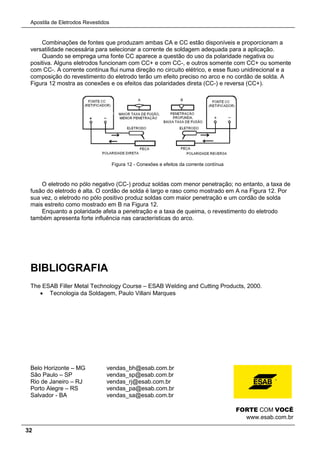 Apostila de Eletrodos Revestidos
32
Combinações de fontes que produzam ambas CA e CC estão disponíveis e proporcionam a
versatilidade necessária para selecionar a corrente de soldagem adequada para a aplicação.
Quando se emprega uma fonte CC aparece a questão do uso da polaridade negativa ou
positiva. Alguns eletrodos funcionam com CC+ e com CC-, e outros somente com CC+ ou somente
com CC-. A corrente contínua flui numa direção no circuito elétrico, e esse fluxo unidirecional e a
composição do revestimento do eletrodo terão um efeito preciso no arco e no cordão de solda. A
Figura 12 mostra as conexões e os efeitos das polaridades direta (CC-) e reversa (CC+).
Figura 12 - Conexões e efeitos da corrente contínua
O eletrodo no pólo negativo (CC-) produz soldas com menor penetração; no entanto, a taxa de
fusão do eletrodo é alta. O cordão de solda é largo e raso como mostrado em A na Figura 12. Por
sua vez, o eletrodo no pólo positivo produz soldas com maior penetração e um cordão de solda
mais estreito como mostrado em B na Figura 12.
Enquanto a polaridade afeta a penetração e a taxa de queima, o revestimento do eletrodo
também apresenta forte influência nas características do arco.
BIBLIOGRAFIA
The ESAB Filler Metal Technology Course – ESAB Welding and Cutting Products, 2000.
• Tecnologia da Soldagem, Paulo Villani Marques
Belo Horizonte – MG vendas_bh@esab.com.br
São Paulo – SP vendas_sp@esab.com.br
Rio de Janeiro – RJ vendas_rj@esab.com.br
Porto Alegre – RS vendas_pa@esab.com.br
Salvador - BA vendas_sa@esab.com.br
FORTE COM VOCÊ
www.esab.com.br
 