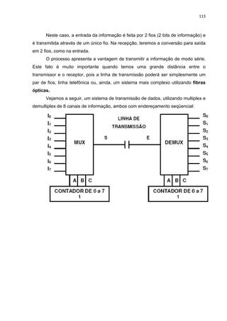 113
Neste caso, a entrada da informação é feita por 2 fios (2 bits de informação) e
é transmitida através de um único fio. Na recepção, teremos a conversão para saída
em 2 fios, como na entrada.
O processo apresenta a vantagem de transmitir a informação de modo série.
Este fato é muito importante quando temos uma grande distância entre o
transmissor e o receptor, pois a linha de transmissão poderá ser simplesmente um
par de fios, linha telefônica ou, ainda, um sistema mais complexo utilizando fibras
ópticas.
Vejamos a seguir, um sistema de transmissão de dados, utilizando multiplex e
demultiplex de 8 canais de informação, ambos com endereçamento seqüencial:
 