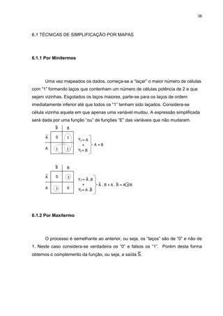 38
6.1 TÉCNICAS DE SIMPLIFICAÇÃO POR MAPAS
6.1.1 Por Minitermos
Uma vez mapeados os dados, começa-se a “laçar” o maior número de células
com “1” formando laços que contenham um número de células potência de 2 e que
sejam vizinhas. Esgotados os laços maiores, parte-se para os laços de ordem
imediatamente inferior até que todos os “1” tenham sido laçados. Considera-se
célula vizinha aquela em que apenas uma variável mudou. A expressão simplificada
será dada por uma função “ou” de funções “E” das variáveis que não mudaram.
1
11
1
A
B
A
B
0
Y = A
+
Y2= B
A + B
1
1
1
A
B
A
B
0
= A .B
+
Y2= A .B
A . B + A . B = A + B
0
Y
6.1.2 Por Maxitermo
O processo é semelhante ao anterior, ou seja, os “laços” são de “0” e não de
1. Neste caso considera-se verdadeira os “0” e falsos os “1”. Porém desta forma
obtemos o complemento da função, ou seja, a saída .
 