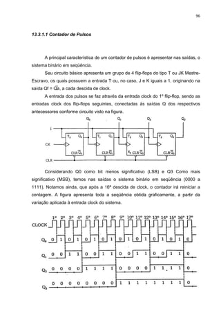 96
13.3.1.1 Contador de Pulsos
A principal característica de um contador de pulsos é apresentar nas saídas, o
sistema binário em seqüência.
Seu circuito básico apresenta um grupo de 4 flip-flops do tipo T ou JK Mestre-
Escravo, os quais possuem a entrada T ou, no caso, J e K iguais a 1, originando na
saída Qf = Qa, a cada descida de clock.
A entrada dos pulsos se faz através da entrada clock do 1º flip-flop, sendo as
entradas clock dos flip-flops seguintes, conectadas às saídas Q dos respectivos
antecessores conforme circuito visto na figura.
Considerando Q0 como bit menos significativo (LSB) e Q3 Como mais
significativo (MSB), temos nas saídas o sistema binário em seqüência (0000 a
1111). Notamos ainda, que após a 16ª descida de clock, o contador irá reiniciar a
contagem. A figura apresenta toda a seqüência obtida graficamente, a partir da
variação aplicada à entrada clock do sistema.
 