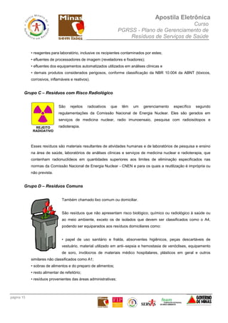 Apostila Eletrônica
Curso
PGRSS - Plano de Gerenciamento de
Resíduos de Serviços de Saúde
página 15
• reagentes para laboratório, inclusive os recipientes contaminados por estes;
• efluentes de processadores de imagem (reveladores e fixadores);
• efluentes dos equipamentos automatizados utilizados em análises clínicas e
• demais produtos considerados perigosos, conforme classificação da NBR 10.004 da ABNT (tóxicos,
corrosivos, inflamáveis e reativos).
Grupo C – Resíduos com Risco Radiológico
São rejeitos radioativos que têm um gerenciamento específico segundo
regulamentações da Comissão Nacional de Energia Nuclear. Eles são gerados em
serviços de medicina nuclear, radio imunoensaio, pesquisa com radioisótopos e
radioterapia.
Esses resíduos são materiais resultantes de atividades humanas e de laboratórios de pesquisa e ensino
na área de saúde, laboratórios de análises clínicas e serviços de medicina nuclear e radioterapia, que
contenham radionuclídeos em quantidades superiores aos limites de eliminação especificados nas
normas da Comissão Nacional de Energia Nuclear - CNEN e para os quais a reutilização é imprópria ou
não prevista.
Grupo D – Resíduos Comuns
Também chamado lixo comum ou domiciliar.
São resíduos que não apresentam risco biológico, químico ou radiológico à saúde ou
ao meio ambiente, exceto os de isolados que devem ser classificados como o A4,
podendo ser equiparados aos resíduos domiciliares como:
• papel de uso sanitário e fralda, absorventes higiênicos, peças descartáveis de
vestuário, material utilizado em anti–sepsia e hemostasia de venóclises, equipamento
de soro, invólocros de materiais médico hospitalares, plásticos em geral e outros
similares não classificados como A1;
• sobras de alimentos e do preparo de alimentos;
• resto alimentar de refeitório;
• resíduos provenientes das áreas administrativas;
 