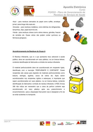 Apostila Eletrônica
Curso
PGRSS - Plano de Gerenciamento de
Resíduos de Serviços de Saúde
página 20
•Azul - para resíduos derivados do papel como sulfite, envelope,
jornal, caixa longa vida vazia etc.
•Amarela – para resíduos metálicos, como latinhas de refrigerantes,
tampinhas, clips, papel alumínio etc.
•Verde - para resíduos vítreos como vidros inteiros, garrafas, frascos
de remédio etc. Esses vidros não podem conter químicos ou
fármacos perigosos.
Acondicionamento de Resíduos do Grupo A
O Resíduo Infectante, que é o que apresenta risco adicional à saúde
pública, deve ser acondicionado em saco plástico, na cor branca leitosa,
contendo identificação do fabricante e símbolo de resíduo infectante.
O material perfurocortante deve ser acondicionado em recipiente rígido,
identificado com a inscrição “PERFURANTE E CORTANTE”. Esses
recipientes são caixas para depósito de materiais perfurocortantes como
bisturis, seringas, agulhas, cacos de vidros etc. Após serem
acondicionados nos recipientes rígidos e estanques, é importante que
sejam acondicionados em saco plástico, na cor branca leitosa, contendo
identificação do fabricante e símbolo de resíduo infectante. A RDC Anvisa
306 não indica ser necessário que a caixa de perfuro cortante seja
acondicionado em saco plástico após seu preenchimento e
encaminhamento para a disposição final porém isso é desejável a fim de
se evitar acidentes no transporte.
 