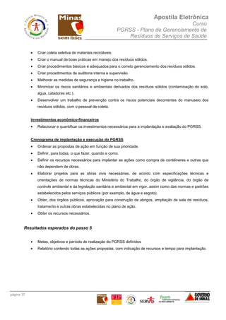 Apostila Eletrônica
Curso
PGRSS - Plano de Gerenciamento de
Resíduos de Serviços de Saúde
página 37
• Criar coleta seletiva de materiais recicláveis.
• Criar o manual de boas práticas em manejo dos resíduos sólidos.
• Criar procedimentos básicos e adequados para o correto gerenciamento dos resíduos sólidos.
• Criar procedimentos de auditoria interna e supervisão.
• Melhorar as medidas de segurança e higiene no trabalho.
• Minimizar os riscos sanitários e ambientais derivados dos resíduos sólidos (contaminação do solo,
água, catadores etc.).
• Desenvolver um trabalho de prevenção contra os riscos potenciais decorrentes do manuseio dos
resíduos sólidos, com o pessoal da coleta.
Investimentos econômico-financeiros
• Relacionar e quantificar os investimentos necessários para a implantação e avaliação do PGRSS.
Cronograma de implantação e execução do PGRSS
• Ordenar as propostas de ação em função de sua prioridade.
• Definir, para todas, o que fazer, quando e como.
• Definir os recursos necessários para implantar as ações como compra de contêineres e outras que
não dependem de obras.
• Elaborar projetos para as obras civis necessárias, de acordo com especificações técnicas e
orientações de normas técnicas do Ministério do Trabalho, do órgão de vigilância, do órgão de
controle ambiental e da legislação sanitária e ambiental em vigor, assim como das normas e padrões
estabelecidos pelos serviços públicos (por exemplo, de água e esgoto).
• Obter, dos órgãos públicos, aprovação para construção de abrigos, ampliação de sala de resíduos,
tratamento e outras obras estabelecidas no plano de ação.
• Obter os recursos necessários.
Resultados esperados do passo 5
• Metas, objetivos e período de realização do PGRSS definidos
• Relatório contendo todas as ações propostas, com indicação de recursos e tempo para implantação.
 