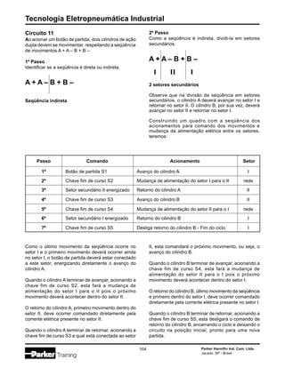 Tecnologia Eletropneumática Industrial
104 Parker Hannifin Ind. Com. Ltda.
Jacareí, SP - Brasil
Passo Comando Acionamento Setor
1º Botão de partida S1 Avanço do cilindro A I
2º Chave fim de curso S2 Mudança de alimentação do setor I para o II rede
3º Setor secundário II energizado Retorno do cilindro A II
4º Chave fim de curso S3 Avanço do cilindro B II
5º Chave fim de curso S4 Mudança de alimentação do setor II para o I rede
6º Setor secundário I energizado Retorno do cilindro B I
7º Chave fim de curso S5 Desliga retorno do cilindro B - Fim do ciclo I
Como o último movimento da seqüência ocorre no
setor I e o primeiro movimento deverá ocorrer ainda
no setor I, o botão de partida deverá estar conectado
a este setor, energizando diretamente o avanço do
cilindro A.
Quando o cilindro A terminar de avançar, acionando a
chave fim de curso S2, esta fará a mudança de
alimentação do setor I para o II pois o próximo
movimento deverá acontecer dentro do setor II.
O retorno do cilindro A, primeiro movimento dentro do
setor II, deve ocorrer comandado diretamente pela
corrente elétrica presente no setor II.
Quando o cilindro A terminar de retornar, acionando a
chave fim de curso S3 a qual está conectada ao setor
II, esta comandará o próximo movimento, ou seja, o
avanço do cilindro B.
Quando o cilindro B terminar de avançar, acionando a
chave fim de curso S4, esta fará a mudança de
alimentação do setor II para o I pois o próximo
movimento deverá acontecer dentro do setor I.
O retorno do cilindro B, último movimento da seqüência
e primeiro dentro do setor I, deve ocorrer comandado
diretamente pela corrente elétrica presente no setor I.
Quando o cilindro B terminar de retornar, acionando a
chave fim de curso S5, esta desligará o comando de
retorno do cilindro B, encerrando o ciclo e deixando o
circuito na posição inicial, pronto para uma nova
partida.
Circuito 11
Ao acionar um botão de partida, dois cilindros de ação
dupla devem se movimentar, respeitando a seqüência
de movimentos A + A – B + B –
1º Passo
Identificar se a seqüência é direta ou indireta.
A + A – B + B –
Seqüência indireta
2º Passo
Como a seqüência é indireta, dividi-la em setores
secundários.
A + A – B + B –
I II I
2 setores secundários
Observe que na divisão da seqüência em setores
secundários, o cilindro A deverá avançar no setor I e
retornar no setor II. O cilindro B, por sua vez, deverá
avançar no setor II e retornar no setor I.
Construindo um quadro com a seqüência dos
acionamentos para comando dos movimentos e
mudança da alimentação elétrica entre os setores,
teremos:
 