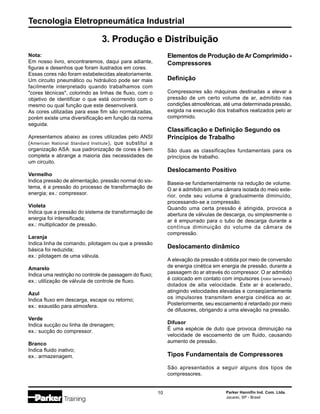 Tecnologia Eletropneumática Industrial
10 Parker Hannifin Ind. Com. Ltda.
Jacareí, SP - Brasil
3. Produção e Distribuição
Nota:
Em nosso livro, encontraremos, daqui para adiante,
figuras e desenhos que foram ilustrados em cores.
Essas cores não foram estabelecidas aleatoriamente.
Um circuito pneumático ou hidráulico pode ser mais
facilmente interpretado quando trabalhamos com
"cores técnicas", colorindo as linhas de fluxo, com o
objetivo de identificar o que está ocorrendo com o
mesmo ou qual função que este desenvolverá.
As cores utilizadas para esse fim são normalizadas,
porém existe uma diversificação em função da norma
seguida.
Apresentamos abaixo as cores utilizadas pelo ANSI
(American National Standard Institute), que substitui a
organização ASA: sua padronização de cores é bem
completa e abrange a maioria das necessidades de
um circuito.
Vermelho
Indica pressão de alimentação, pressão normal do sis-
tema, é a pressão do processo de transformação de
energia; ex.: compressor.
Violeta
Indica que a pressão do sistema de transformação de
energia foi intensificada;
ex.: multiplicador de pressão.
Laranja
Indica linha de comando, pilotagem ou que a pressão
básica foi reduzida;
ex.: pilotagem de uma válvula.
Amarelo
Indica uma restrição no controle de passagem do fluxo;
ex.: utilização de válvula de controle de fluxo.
Azul
Indica fluxo em descarga, escape ou retorno;
ex.: exaustão para atmosfera.
Verde
Indica sucção ou linha de drenagem;
ex.: sucção do compressor.
Branco
Indica fluido inativo;
ex.: armazenagem.
Elementos de Produção deAr Comprimido -
Compressores
Definição
Compressores são máquinas destinadas a elevar a
pressão de um certo volume de ar, admitido nas
condições atmosféricas, até uma determinada pressão,
exigida na execução dos trabalhos realizados pelo ar
comprimido.
Classificação e Definição Segundo os
Princípios de Trabalho
São duas as classificações fundamentais para os
princípios de trabalho.
Deslocamento Positivo
Baseia-se fundamentalmente na redução de volume.
O ar é admitido em uma câmara isolada do meio exte-
rior, onde seu volume é gradualmente diminuído,
processando-se a compressão.
Quando uma certa pressão é atingida, provoca a
abertura de válvulas de descarga, ou simplesmente o
ar é empurrado para o tubo de descarga durante a
contínua diminuição do volume da câmara de
compressão.
Deslocamento dinâmico
A elevação da pressão é obtida por meio de conversão
de energia cinética em energia de pressão, durante a
passagem do ar através do compressor. O ar admitido
é colocado em contato com impulsores (rotor laminado)
dotados de alta velocidade. Este ar é acelerado,
atingindo velocidades elevadas e conseqüentemente
os impulsores transmitem energia cinética ao ar.
Posteriormente, seu escoamento é retardado por meio
de difusores, obrigando a uma elevação na pressão.
Difusor
É uma espécie de duto que provoca diminuição na
velocidade de escoamento de um fluido, causando
aumento de pressão.
Tipos Fundamentais de Compressores
São apresentados a seguir alguns dos tipos de
compressores.
 