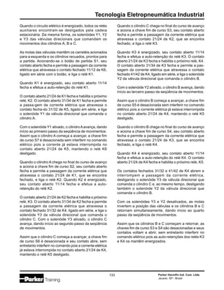 Tecnologia Eletropneumática Industrial
Parker Hannifin Ind. Com. Ltda.
Jacareí, SP - Brasil
133
Quando o circuito elétrico é energizado, todos os relés
auxiliares encontram-se desligados pela cadeia
estacionária. Da mesma forma, os solenóides Y1, Y2
e Y3 das válvulas direcionais que comandam os
movimentos dos cilindros A, B e C.
As molas das válvulas mantêm os carretéis acionados
para a esquerda e os cilindros recuados, prontos para
a partida. Acionando-se o botão de partida S1, seu
contato aberto fecha e permite a passagem da corrente
elétrica que atravessa o contato fechado 11/12 de K6,
ligado em série com o botão, e liga o relé K1.
Quando K1 é energizado, seu contato aberto 11/14
fecha e efetua a auto-retenção do relé K1.
O contato aberto 21/24 de K1 fecha e habilita o próximo
relé, K2. O contato aberto 31/34 de K1 fecha e permite
a passa-gem da corrente elétrica que atravessa o
contato fecha-do 31/32 de K5, ligado em série, e liga
o solenóide Y1 da válvula direcional que comanda o
cilindro A.
Com o solenóide Y1 ativado, o cilindro Aavança, dando
início ao primeiro passo da seqüência de movimentos.
Assim que o cilindro A começa a avançar, a chave fim
de curso S7 é desacionada sem interferir no comando
elétrico pois a corrente já estava interrompida no
contato aberto 21/24 de K5, mantendo o relé K6
desligado.
Quando o cilindro A chega no final do curso de avanço
e aciona a chave fim de curso S2, seu contato aberto
fecha e permite a passagem da corrente elétrica que
atravessa o contato 21/24 de K1, que se encontra
fechado, e liga o relé K2. Quando K2 é energizado,
seu contato aberto 11/14 fecha e efetua a auto-
retenção do relé K2.
O contato aberto 21/24 de K2 fecha e habilita o próximo
relé, K3. O contato aberto 31/34 de K2 fecha e permite
a passagem da corrente elétrica que atravessa o
contato fechado 31/32 de K4, ligado em série, e liga o
solenóide Y3 da válvula direcional que comanda o
cilindro C. Com o solenóide Y3 ativado, o cilindro C
avança, dando início ao segundo passo da seqüência
de movimentos.
Assim que o cilindro C começa a avançar, a chave fim
de curso S6 é desacionada e seu contato abre, sem
entretanto interferir no comando pois a corrente elétrica
já estava interrompida no contato aberto 21/24 de K4,
mantendo o relé K5 desligado.
Quando o cilindro C chega no final do curso de avanço
e aciona a chave fim de curso S3, seu contato aberto
fecha e permite a passagem da corrente elétrica que
atravessa o contato 21/24 de K2, que se encontra
fechado, e liga o relé K3.
Quando K3 é energizado, seu contato aberto 11/14
fecha e efetua a auto-retenção do relé K3. O contato
aberto 21/24 de K3 fecha e habilita o próximo relé, K4.
O contato aberto 31/34 de K3 fecha e permite a pas-
sagem da corrente elétrica que atravessa o contato
fechado 41/42 de K4, ligado em série, e liga o solenóide
Y2 da válvula direcional que comanda o cilindro B.
Com o solenóide Y2 ativado, o cilindro B avança, dando
início ao terceiro passo da seqüência de movimentos.
Assim que o cilindro B começa a avançar, a chave fim
de curso S5 é desacionada sem interferir no comando
elétrico pois a corrente elétrica já estava interrompida
no contato aberto 21/24 de K4, mantendo o relé K5
desligado.
Quando o cilindro B chega no final do curso de avanço
e aciona a chave fim de curso S4, seu contato aberto
fecha e permite a passagem da corrente elétrica que
atravessa o contato 21/24 de K3, que se encontra
fechado, e liga o relé K4.
Quando K4 é energizado, seu contato aberto 11/14
fecha e efetua a auto-retenção do relé K4. O contato
aberto 21/24 de K4 fecha e habilita o próximo relé, K5.
Os contatos fechados 31/32 e 41/42 de K4 abrem e
interrompem a passagem da corrente elétrica,
desligando o solenóide Y3 da válvula direcional que
comanda o cilindro C e, ao mesmo tempo, desligando
também o solenóide Y2 da válvula direcional que
comanda o cilindro B.
Com os solenóides Y3 e Y2 desativados, as molas
invertem a posição das válvulas e os cilindros B e C
retornam simultaneamente, dando início ao quarto
passo da seqüência de movimentos.
Assim que os cilindros B e C começam a retornar, as
chaves fim de curso S3 e S4 são desacionadas e seus
contatos voltam a abrir, sem entretanto interferir no
comando elétrico pois as auto-retenções dos relés K3
e K4 os mantêm energizados.
 