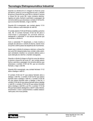 Tecnologia Eletropneumática Industrial
134 Parker Hannifin Ind. Com. Ltda.
Jacareí, SP - Brasil
Quando os cilindros B e C chegam no final do curso
de retorno, juntos ou um em seguida do outro, o cilindro
B aciona a chave fim de curso S5 e o cilindro C aciona
a chave fim de curso S6, cujos contatos abertos,
ligados em série, fecham e permitem a passagem da
corrente elétrica que atravessa o contato 21/24 de K4,
que se encontra fechado, e liga o relé K5.
Quando K5 é energizado, seu contato aberto 11/14
fecha e efetua a auto-retenção do relé K5.
O contato aberto 21/24 de K5 fecha e habilita o próximo
relé, K6. O contato fechado 31/32 de K5 abre e
interrompe a passagem da corrente elétrica,
desligando o solenóide Y1 da válvula direcional que
comanda o cilindro A.
Com o solenóide Y1 desativado, a mola inverte a
posição da válvula e o cilindro A retorna, dando início
ao quinto e último passo da seqüência de movimentos.
Assim que o cilindro A começa a retornar, a chave fim
de curso S2 é desacionada e seu contato volta a abrir,
sem entretanto interferir no comando elétrico pois a
auto-retenção do relé K2 o mantém energizado.
Quando o cilindro A chega no final do curso de retorno
e aciona a chave fim de curso S7, seu contato aberto
fecha e permite a passagem da corrente elétrica que
atravessa o contato 21/24 de K5, que se encontra
fechado, e liga o relé K6.
Quando K6 é energizado, seu contato fechado 11/12
abre e desliga o relé K1.
O contato 21/24 de K1 que estava fechado abre e
desliga o relé K2, o contato 21/24 de K2 que estava
fechado abre e desliga o relé K3, o contato 21/24 de
K3 que estava fechado abre e desliga o relé K4, o
contato 21/24 de K4 que estava fechado abre e desliga
o relé K5, o contato 21/24 de K5 que estava fechado
abre e desliga o relé K6 e, por fim, o contato 11/12 de
K6 que havia aberto desligando o relé K1 volta a fechar,
encerrando o ciclo e posicionando a cadeia estacio-
nária para uma nova partida.
 
