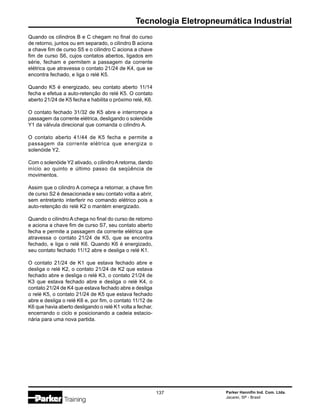 Tecnologia Eletropneumática Industrial
Parker Hannifin Ind. Com. Ltda.
Jacareí, SP - Brasil
137
Quando os cilindros B e C chegam no final do curso
de retorno, juntos ou em separado, o cilindro B aciona
a chave fim de curso S5 e o cilindro C aciona a chave
fim de curso S6, cujos contatos abertos, ligados em
série, fecham e permitem a passagem da corrente
elétrica que atravessa o contato 21/24 de K4, que se
encontra fechado, e liga o relé K5.
Quando K5 é energizado, seu contato aberto 11/14
fecha e efetua a auto-retenção do relé K5. O contato
aberto 21/24 de K5 fecha e habilita o próximo relé, K6.
O contato fechado 31/32 de K5 abre e interrompe a
passagem da corrente elétrica, desligando o solenóide
Y1 da válvula direcional que comanda o cilindro A.
O contato aberto 41/44 de K5 fecha e permite a
passagem da corrente elétrica que energiza o
solenóide Y2.
Com o solenóide Y2 ativado, o cilindroAretorna, dando
início ao quinto e último passo da seqüência de
movimentos.
Assim que o cilindro A começa a retornar, a chave fim
de curso S2 é desacionada e seu contato volta a abrir,
sem entretanto interferir no comando elétrico pois a
auto-retenção do relé K2 o mantém energizado.
Quando o cilindro A chega no final do curso de retorno
e aciona a chave fim de curso S7, seu contato aberto
fecha e permite a passagem da corrente elétrica que
atravessa o contato 21/24 de K5, que se encontra
fechado, e liga o relé K6. Quando K6 é energizado,
seu contato fechado 11/12 abre e desliga o relé K1.
O contato 21/24 de K1 que estava fechado abre e
desliga o relé K2, o contato 21/24 de K2 que estava
fechado abre e desliga o relé K3, o contato 21/24 de
K3 que estava fechado abre e desliga o relé K4, o
contato 21/24 de K4 que estava fechado abre e desliga
o relé K5, o contato 21/24 de K5 que estava fechado
abre e desliga o relé K6 e, por fim, o contato 11/12 de
K6 que havia aberto desligando o relé K1 volta a fechar,
encerrando o ciclo e posicionando a cadeia estacio-
nária para uma nova partida.
 