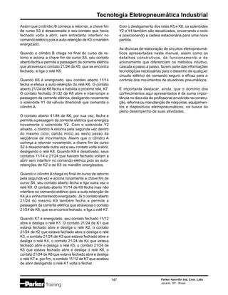 Tecnologia Eletropneumática Industrial
Parker Hannifin Ind. Com. Ltda.
Jacareí, SP - Brasil
147
Assim que o cilindro B começa a retornar, a chave fim
de curso S3 é desacionada e seu contato que havia
fechado volta a abrir, sem entretanto interferir no
comando elétrico pois a auto-retenção de K3 o mantém
energizado.
Quando o cilindro B chega no final do curso de re-
torno e aciona a chave fim de curso S5, seu contato
aberto fecha e permite a passagem da corrente elétrica
que atravessa o contato 21/24 de K5, que se encontra
fechado, e liga o relé K6.
Quando K6 é energizado, seu contato aberto 11/14
fecha e efetua a auto-retenção do relé K6. O contato
aberto 21/24 de K6 fecha e habilita o próximo relé, K7.
O contato fechado 31/32 de K6 abre e interrompe a
passagem da corrente elétrica, desligando novamente
o solenóide Y1 da válvula direcional que comanda o
cilindro A.
O contato aberto 41/44 de K6, por sua vez, fecha e
permite a passagem da corrente elétrica que energiza
novamente o solenóide Y2. Com o solenóide Y2
ativado, o cilindro A retorna pela segunda vez dentro
do mesmo ciclo, dando início ao sexto passo da
seqüência de movimentos. Assim que o cilindro A
começa a retornar novamente, a chave fim de curso
S2 é desacionada outra vez e seu contato volta a abrir,
desligando o relé K8. Quando K8 é desativado, seus
contatos 11/14 e 21/24 que haviam fechado voltam a
abrir sem interferir no comando elétrico pois as auto-
retenções de K2 e de K5 os mantêm energizados.
Quando o cilindro A chega no final do curso de retorno
pela segunda vez e aciona novamente a chave fim de
curso S4, seu contato aberto fecha e liga outra vez o
relé K9. O contato aberto 11/14 de K9 fecha mas não
interfere no comando elétrico pois a auto-retenção de
K4 já o vinha mantendo energizado. Já o contato aberto
21/24 do mesmo K9 também fecha e permite a
passagem da corrente elétrica que atravessa o contato
21/24 de K6, que se encontra fechado, e liga o relé K7.
Quando K7 é energizado, seu contato fechado 11/12
abre e desliga o relé K1. O contato 21/24 de K1 que
estava fechado abre e desliga o relé K2, o contato
21/24 de K2 que estava fechado abre e desliga o relé
K3, o contato 21/24 de K3 que estava fechado abre e
desliga o relé K4, o contato 21/24 de K4 que estava
fechado abre e desliga o relé K5, o contato 21/24 de
K5 que estava fechado abre e desliga o relé K6, o
contato 21/24 de K6 que estava fechado abre e desliga
o relé K7 e, por fim, o contato 11/12 de K7 que acabou
de abrir desligando o relé K1 volta a fechar.
Com o desligamento dos relés K5 e K6, os solenóides
Y2 e Y4 também são desativados, encerrando o ciclo
e posicionando a cadeia estacionária para uma nova
partida.
As técnicas de elaboração de circuitos eletropneumá-
ticos apresentadas neste manual, assim como os
detalhes construtivos, de funcionamento e de
acionamento que diferenciam os métodos intuitivo,
cascata e passo a passo, fazem parte das informações
tecnológicas necessárias para o desenho de qualquer
circuito elétrico de comando seguro e eficaz para o
controle dos movimentos de atuadores pneumáticos.
É importante destacar, ainda, que o domínio dos
conhecimentos aqui apresentados é de suma impor-
tância no dia a dia do profissional envolvido na constru-
ção, reforma ou manutenção de máquinas, equipamen-
tos e dispositivos eletropneumáticos, na busca do
pleno desempenho de suas atividades.
 