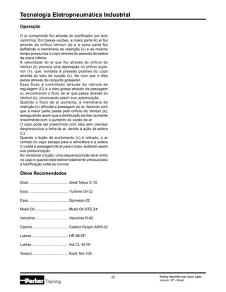 Tecnologia Eletropneumática Industrial
22 Parker Hannifin Ind. Com. Ltda.
Jacareí, SP - Brasil
Operação
O ar comprimido flui através do lubrificador por dois
caminhos. Em baixas vazões, a maior parte do ar flui
através do orifício Venturi (B) e a outra parte flui
defletindo a membrana de restrição (A) e ao mesmo
tempo pressuriza o copo através do assento da esfera
da placa inferior.
A velocidade do ar que flui através do orifício do
Venturi (B) provoca uma depressão no orifício supe-
rior (F), que, somada à pressão positiva do copo
através do tubo de sucção (E), faz com que o óleo
escoe através do conjunto gotejador.
Esse fluxo é controlado através da válvula de
regulagem (G) e o óleo goteja através da passagem
(I), encontrando o fluxo de ar que passa através do
Venturi (B), provocando assim sua pulverização.
Quando o fluxo de ar aumenta, a membrana de
restrição (A) dificulta a passagem do ar, fazendo com
que a maior parte passe pelo orifício do Venturi (B),
assegurando assim que a distribuição de óleo aumente
linearmente com o aumento da vazão de ar.
O copo pode ser preenchido com óleo sem precisar
despressurizar a linha de ar, devido à ação da esfera
(C).
Quando o bujão de enchimento (H) é retirado, o ar
contido no copo escapa para a atmosfera e a esfera
(C) veda a passagem de ar para o copo, evitando assim
sua pressurização.
Ao recolocar o bujão, uma pequena porção de ar entra
no copo e quando este estiver totalmente pressurizado
a lubrificação volta ao normal.
Óleos Recomendados
Shell ...................................... Shell Tellus C-10
Esso ...................................... Turbine Oil-32
Esso ...................................... Spinesso-22
Mobil Oil ................................ Mobil Oil DTE-24
Valvoline................................ Valvoline R-60
Castrol................................... Castrol Hyspin AWS-32
Lubrax ................................... HR 68 EP
Lubrax ................................... Ind CL 45 Of
Texaco................................... Kock Tex-100
 