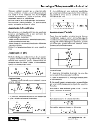 Parker Hannifin Ind. Com. Ltda.
Jacareí, SP - Brasil
49
Tecnologia Eletropneumática Industrial
Características:
1 - Todas as resistências são percorridas pela mesma
corrente elétrica.
2 -Asoma das diferenças de potencial das resistências
é igual à tensão da fonte de alimentação.
3 - As resistências em série podem ser substituídas
por uma única resistência equivalente. Esta resistência
equivalente é obtida apenas somando o valor das
resistências em série.
Associação em Paralelo
Neste tipos de ligação o primeiro terminal de uma
resistência é ligado ao primeiro terminal da segunda
resistência. O segundo terminal da primeira resistência
no segundo terminal da segunda resistência, e assim
por diante para quantos resistores tivermos. Temos
portanto um divisor de corrente.
Características:
1 - A corrente elétrica total do circuito é a soma das
correntes individuais de cada resistência.
2 - Todas as resistências da associação estão sujeitas
à mesma tensão.
3 - As resistências em paralelo podem ser substituídas
por uma resistência equivalente através das seguintes
fórmulas:
O cobre é usado em casos em que se exigem elevada
dureza, resistência à tração e pequeno desgaste, como
nos casos de redes aéreas de cabo nu em tração
elétrica, fios telefônicos, peças de contato, anéis
coletores e lâminas de comutadores.
O cobre mole ou recozido é usado em enrolamentos,
barramentos e cabos isolados. Em alguns casos
devem ser usadas as linhas de cobre.
Associação de Resistências
Normalmente, em circuitos elétricos os resistores
podem e são ligados entre si para satisfazer às
condições de um circuito elétrico.
Essas condições podem ser:
- Obter um valor de resistência diferente dos encontra-
dos comumente no mercado.
- Obter divisão de corrente e/ou tensão para diferentes
ramos do circuito.
Existem três tipos de associação: em série, paralelo e
mista
Associação em Série
Neste tipo de ligação um dos terminais de um resistor
é ligado a um terminal de um segundo resistor, o outro
terminal deste segundo é ligado a um terminal de um
terceiro e assim por diante. Ou seja, os resistores são
ligados um em seguida do outro.
Para dois ou mais resistores iguais (onde R é o valor do
resistor e n o número de resistores):
Para dois resistores de valores diferentes:
R =
R
n
R =
R1 . R2
R1 + R2
Para vários resistores de valores diferentes:
1 1 1 1
R R1 R2 Rn
= + + …
 