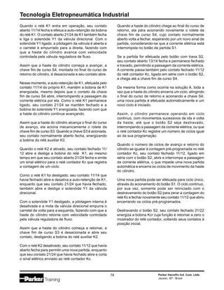 Tecnologia Eletropneumática Industrial
78 Parker Hannifin Ind. Com. Ltda.
Jacareí, SP - Brasil
Quando o relé K1 entra em operação, seu contato
aberto 11/14 fecha e efetua a auto-retenção da bobina
do relé K1. O contato aberto 21/24 de K1 também fecha
e liga o solenóide Y1 da válvula direcional. Com o
solenóide Y1 ligado, a pilotagem da válvula é aberta e
o carretel é empurrado para a direita, fazendo com
que a haste do cilindro avance com velocidade
controlada pela válvula reguladora de fluxo.
Assim que a haste do cilindro começa a avançar, a
chave fim de curso S4, montada no final do curso de
retorno do cilindro, é desacionada e seu contato abre.
Nesse momento, a auto-retenção de K1, efetuada pelo
contato 11/14 do próprio K1, mantém a bobina de K1
energizada, mesmo depois que o contato da chave
fim de curso S4 abre, interrompendo a passagem da
corrente elétrica por ela. Como o relé K1 permanece
ligado, seu contato 21/24 se mantém fechado e a
bobina do solenóide Y1 energizada, fazendo com que
a haste do cilindro continue avançando.
Assim que a haste do cilindro alcança o final do curso
de avanço, ela aciona mecanicamente o rolete da
chave fim de curso S3. Quando a chave S3 é acionada,
seu contato normalmente aberto fecha, energizando
a bobina do relé auxiliar K2.
Quando o relé K2 é ativado, seu contato fechado 11/
12 abre e desliga a bobina do relé K1, ao mesmo
tempo em que seu contato aberto 21/24 fecha e emite
um sinal elétrico para o relé contador Kc que registra
a contagem de um ciclo.
Como o relé K1 foi desligado, seu contato 11/14 que
havia fechado abre e desativa a auto-retenção de K1,
enquanto que seu contato 21/24 que havia fechado,
também abre e desliga o solenóide Y1 da válvula
direcional.
Com o solenóide Y1 desligado, a pilotagem interna é
desativada e a mola da válvula direcional empurra o
carretel de volta para a esquerda, fazendo com que a
haste do cilindro retorne com velocidade controlada
pela válvula reguladora de fluxo.
Assim que a haste do cilindro começa a retornar, a
chave fim de curso S3 é desacionada e abre seu
contato, desligando a bobina do relé auxiliar K2.
Com o relé K2 desativado, seu contato 11/12 que havia
aberto fecha para permitir uma nova partida, enquanto
que seu contato 21/24 que havia fechado abre e corta
o sinal elétrico enviado ao relé contador Kc.
Quando a haste do cilindro chega ao final do curso de
retorno, ela pára acionando novamente o rolete da
chave fim de curso S4, cujo contato normalmente
aberto volta a fechar, esperando por um novo sinal de
partida, considerando-se que a corrente elétrica está
interrompida no botão de partida S1.
Se a partida for efetuada pelo botão com trava S2,
seu contato aberto 13/14 fecha e permanece fechado
e travado, permitindo a passagem da corrente elétrica.
A corrente passa também pelo contato fechado 11/12
do relé contador Kc, ligado em série com o botão S2,
e chega até a chave fim de curso S4.
Da mesma forma como ocorria na solução A, toda a
vez que a haste do cilindro encerra um ciclo, atingindo
o final do curso de retorno e acionando a chave S4,
uma nova partida é efetuada automaticamente e um
novo ciclo é iniciado.
Assim, o cilindro permanece operando em ciclo
contínuo, com movimentos sucessivos de ida e volta
da haste, até que o botão S2 seja destravado,
interrompendo a passagem da corrente elétrica, ou que
o relé contador Kc registre um número de ciclos igual
ao da sua programação.
Quando o número de ciclos de avanço e retorno do
cilindro se igualar à contagem pré-programada no relé
contador Kc, seu contato fechado 11/12, ligado em
série com o botão S2, abre e interrompe a passagem
da corrente elétrica, o que impede uma nova partida
automática e encerra os ciclos de movimento da haste
do cilindro.
Uma nova partida pode ser efetuada para ciclo único,
através do acionamento do botão S1. O ciclo contínuo,
por sua vez, somente pode ser reiniciado com o
destravamento do botão S2 para zerar a contagem do
relé Kc e fechar novamente seu contato 11/12 que abriu
encerrando os ciclos pré-programados.
Destravando o botão S2, seu contato fechado 21/22
energiza a bobina Kcr cuja função é retornar a zero o
mostrador do relé contador, voltando seus contatos à
posição inicial.
 