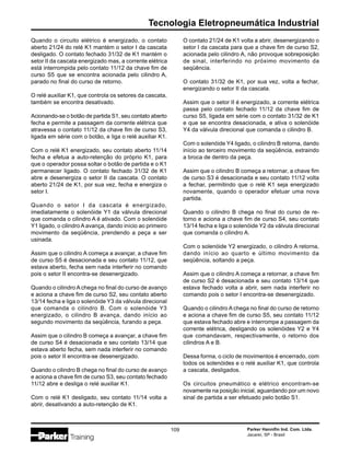 Parker Hannifin Ind. Com. Ltda.
Jacareí, SP - Brasil
109
Tecnologia Eletropneumática Industrial
Quando o circuito elétrico é energizado, o contato
aberto 21/24 do relé K1 mantém o setor I da cascata
desligado. O contato fechado 31/32 de K1 mantém o
setor II da cascata energizado mas, a corrente elétrica
está interrompida pelo contato 11/12 da chave fim de
curso S5 que se encontra acionada pelo cilindro A,
parado no final do curso de retorno.
O relé auxiliar K1, que controla os setores da cascata,
também se encontra desativado.
Acionando-se o botão de partida S1, seu contato aberto
fecha e permite a passagem da corrente elétrica que
atravessa o contato 11/12 da chave fim de curso S3,
ligada em série com o botão, e liga o relé auxiliar K1.
Com o relé K1 energizado, seu contato aberto 11/14
fecha e efetua a auto-retenção do próprio K1, para
que o operador possa soltar o botão de partida e o K1
permanecer ligado. O contato fechado 31/32 de K1
abre e desenergiza o setor II da cascata. O contato
aberto 21/24 de K1, por sua vez, fecha e energiza o
setor I.
Quando o setor I da cascata é energizado,
imediatamente o solenóide Y1 da válvula direcional
que comanda o cilindro A é ativado. Com o solenóide
Y1 ligado, o cilindro A avança, dando início ao primeiro
movimento da seqüência, prendendo a peça a ser
usinada.
Assim que o cilindro A começa a avançar, a chave fim
de curso S5 é desacionada e seu contato 11/12, que
estava aberto, fecha sem nada interferir no comando
pois o setor II encontra-se desenergizado.
Quando o cilindro A chega no final do curso de avanço
e aciona a chave fim de curso S2, seu contato aberto
13/14 fecha e liga o solenóide Y3 da válvula direcional
que comanda o cilindro B. Com o solenóide Y3
energizado, o cilindro B avança, dando início ao
segundo movimento da seqüência, furando a peça.
Assim que o cilindro B começa a avançar, a chave fim
de curso S4 é desacionada e seu contato 13/14 que
estava aberto fecha, sem nada interferir no comando
pois o setor II encontra-se desenergizado.
Quando o cilindro B chega no final do curso de avanço
e aciona a chave fim de curso S3, seu contato fechado
11/12 abre e desliga o relé auxiliar K1.
Com o relé K1 desligado, seu contato 11/14 volta a
abrir, desativando a auto-retenção de K1.
O contato 21/24 de K1 volta a abrir, desenergizando o
setor I da cascata para que a chave fim de curso S2,
acionada pelo cilindro A, não provoque sobreposição
de sinal, interferindo no próximo movimento da
seqüência.
O contato 31/32 de K1, por sua vez, volta a fechar,
energizando o setor II da cascata.
Assim que o setor II é energizado, a corrente elétrica
passa pelo contato fechado 11/12 da chave fim de
curso S5, ligada em série com o contato 31/32 de K1
e que se encontra desacionada, e ativa o solenóide
Y4 da válvula direcional que comanda o cilindro B.
Com o solenóide Y4 ligado, o cilindro B retorna, dando
início ao terceiro movimento da seqüência, extraindo
a broca de dentro da peça.
Assim que o cilindro B começa a retornar, a chave fim
de curso S3 é desacionada e seu contato 11/12 volta
a fechar, permitindo que o relé K1 seja energizado
novamente, quando o operador efetuar uma nova
partida.
Quando o cilindro B chega no final do curso de re-
torno e aciona a chave fim de curso S4, seu contato
13/14 fecha e liga o solenóide Y2 da válvula direcional
que comanda o cilindro A.
Com o solenóide Y2 energizado, o cilindro A retorna,
dando início ao quarto e último movimento da
seqüência, soltando a peça.
Assim que o cilindro A começa a retornar, a chave fim
de curso S2 é desacionada e seu contato 13/14 que
estava fechado volta a abrir, sem nada interferir no
comando pois o setor I encontra-se desenergizado.
Quando o cilindro A chega no final do curso de retorno
e aciona a chave fim de curso S5, seu contato 11/12
que estava fechado abre e interrompe a passagem da
corrente elétrica, desligando os solenóides Y2 e Y4
que comandavam, respectivamente, o retorno dos
cilindros A e B.
Dessa forma, o ciclo de movimentos é encerrado, com
todos os solenóides e o relé auxiliar K1, que controla
a cascata, desligados.
Os circuitos pneumático e elétrico encontram-se
novamente na posição inicial, aguardando por um novo
sinal de partida a ser efetuado pelo botão S1.
 
