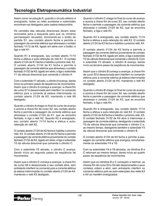 Tecnologia Eletropneumática Industrial
136 Parker Hannifin Ind. Com. Ltda.
Jacareí, SP - Brasil
Assim como na solução A, quando o circuito elétrico é
energizado, todos os relés auxiliares e solenóides
encontram-se desligados pela cadeia estacionária.
Os carretéis das válvulas direcionais devem estar
acionados para a esquerda para que os cilindros
permaneçam recuados. Acionando-se o botão de
partida S1, seu contato aberto fecha e permite a
passagem da corrente elétrica que atravessa o contato
fechado 11/12 de K6, ligado em série com o botão, e
liga o relé K1.
Quando K1 é energizado, seu contato aberto 11/14
fecha e efetua a auto-retenção do relé K1. O contato
aberto 21/24 de K1 fecha e habilita o próximo relé, K2.
O contato aberto 31/34 de K1 fecha e permite a
passagem da corrente elétrica que atravessa o contato
fechado 31/32 de K5, ligado em série, e liga o solenóide
Y1 da válvula direcional que comanda o cilindro A.
Com o solenóide Y1 ativado, o cilindroAavança, dando
início ao primeiro passo da seqüência de movimentos.
Assim que o cilindro A começa a avançar, a chave fim
de curso S7 é desacionada sem interferir no comando
elétrico pois a corrente já estava interrompida no
contato aberto 21/24 de K5, mantendo o relé K6
desligado.
Quando o cilindro A chega no final do curso de avanço
e aciona a chave fim de curso S2, seu contato aberto
fecha e permite a passagem da corrente elétrica que
atravessa o contato 21/24 de K1, que se encontra
fechado, e liga o relé K2. Quando K2 é energizado,
seu contato aberto 11/14 fecha e efetua a auto-
retenção do relé K2.
O contato aberto 21/24 de K2 fecha e habilita o próximo
relé, K3. O contato aberto 31/34 de K2 fecha e permite
a passagem da corrente elétrica proveniente do contato
fechado 31/32 de K4, ligado em série, e liga o solenóide
Y5 da válvula direcional que comanda o cilindro C.
Com o solenóide Y5 ativado, o cilindro C avança,
dando início ao segundo passo da seqüência de
movimentos.
Assim que o cilindro C começa a avançar, a chave fim
de curso S6 é desacionada e seu contato abre, sem
entretanto interferir no comando pois a corrente elétrica
já estava interrompida no contato aberto 21/24 de K4,
mantendo o relé K5 desligado.
Quando o cilindro C chega no final do curso de avanço
e aciona a chave fim de curso S3, seu contato aberto
fecha e permite a passagem da corrente elétrica que
atravessa o contato 21/24 de K2, que se encontra
fechado, e liga o relé K3.
Quando K3 é energizado, seu contato aberto 11/14
fecha e efetua a auto-retenção do relé K3. O contato
aberto 21/24 de K3 fecha e habilita o próximo relé, K4.
O contato aberto 31/34 de K3 fecha e permite a
passagem da corrente elétrica proveniente do contato
fechado 31/32 de K4, ligado em série, e liga o solenóide
Y3 da válvula direcional que comanda o cilindro B. Com
o solenóide Y3 ativado, o cilindro B avança, dando
início ao terceiro passo da seqüência de movimentos.
Assim que o cilindro B começa a avançar, a chave fim
de curso S5 é desacionada sem interferir no comando
elétrico pois a corrente elétrica já estava interrompida
no contato aberto 21/24 de K4, mantendo o relé K5
desligado.
Quando o cilindro B chega no final do curso de avanço
e aciona a chave fim de curso S4, seu contato aberto
fecha e permite a passagem da corrente elétrica que
atravessa o contato 21/24 de K3, que se encontra
fechado, e liga o relé K4.
Quando K4 é energizado, seu contato aberto 11/14
fecha e efetua a auto-retenção do relé K4. O contato
aberto 21/24 de K4 fecha e habilita o próximo relé, K5.
O contato fechado 31/32 de K4 abre e interrompe a
passagem da corrente elétrica, desligando o solenóide
Y5 da válvula direcional que comanda o cilindro C e,
ao mesmo tempo, desligando também o solenóide Y3
da válvula direcional que comanda o cilindro B.
O contato aberto 41/44 de K4 fecha e permite a pas-
sagem da corrente elétrica que energiza, simultanea-
mente os solenóides Y4 e Y6.
Com os solenóides Y4 e Y6 ativados, os cilindros B e
C retornam ao mesmo tempo, dando início ao quarto
passo da seqüência de movimentos.
Assim que os cilindros B e C começam a retornar, as
chaves fim de curso S3 e S4 são desacionadas e seus
contatos voltam a abrir, sem entretanto interferir no
comando elétrico pois as auto-retenções dos relés K3
e K4 os mantêm energizados.
 