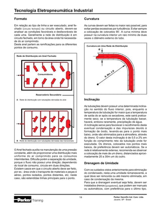 Tecnologia Eletropneumática Industrial
14 Parker Hannifin Ind. Com. Ltda.
Jacareí, SP - Brasil
Inclinação
As tubulações devem possuir uma determinada inclina-
ção no sentido do fluxo interior, pois, enquanto a
temperatura de tubulação for maior que a temperatura
de saída do ar após os secadores, este sairá pratica-
mente seco; se a temperatura da tubulação baixar,
haverá, embora raramente, precipitação de água.
A inclinação serve para favorecer o recolhimento desta
eventual condensação e das impurezas devido à
formação de óxido, levando-as para o ponto mais
baixo, onde são eliminados para a atmosfera, através
do dreno. O valor desta inclinação é de 0,5 a 2% em
função do comprimento reto da tubulação onde for
executada. Os drenos, colocados nos pontos mais
baixos, de preferência devem ser automáticos. Se a
rede é relativamente extensa, recomenda-se observar
a colocação de mais de um dreno, distanciados aproxi-
madamente 20 a 30m um do outro.
Drenagem de Umidade
Com os cuidados vistos anteriormente para eliminação
do condensado, resta uma umidade remanescente, a
qual deve ser removida ou até mesmo eliminada, em
caso de condensação da mesma.
Para que a drenagem eventual seja feita, devem ser
instalados drenos (purgadores), que podem ser manuais
ou automáticos, com preferência para o último tipo.
Curvatura
As curvas devem ser feitas no maior raio possível, para
evitar perdas excessivas por turbulência. Evitar sempre
a colocação de cotovelos 90°
. A curva mínima deve
possuir na curvatura interior um raio mínimo de duas
vezes o diâmetro externo do tubo.
Formato
Em relação ao tipo de linha a ser executado, anel fe-
chado (circuito fechado) ou circuito aberto, devem-se
analisar as condições favoráveis e desfavoráveis de
cada uma. Geralmente a rede de distribuição é em
circuito fechado, em torno da área onde há necessida-
de do ar comprimido.
Deste anel partem as ramificações para os diferentes
pontos de consumo.
OAnel fechado auxilia na manutenção de uma pressão
constante, além de proporcionar uma distribuição mais
uniforme do ar comprimido para os consumos
intermitentes. Dificulta porém a separação da umidade,
porque o fluxo não possui uma direção; dependendo
do local de consumo, circula em duas direções.
Existem casos em que o circuito aberto deve ser feito,
por ex.: área onde o transporte de materiais e peças é
aéreo, pontos isolados, pontos distantes, etc; neste
caso, são estendidas linhas principais para o ponto.
Rede de Distribuição em Anel Fechado
A - Rede de distribuição com tubulações derivadas do anel.
B - Rede de distribuição com tubulações derivadas das transversais.
Consumidores
Reservatório Secundário
Curvatura em Uma Rede de Distribuição
Ø
R. Mín. 2 Ø
 