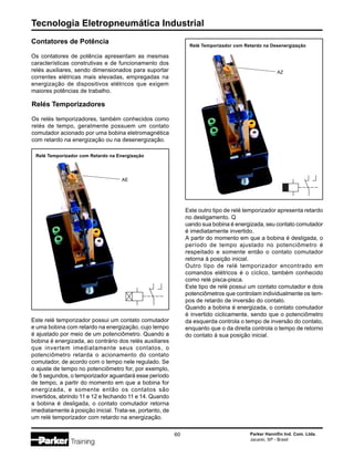 Tecnologia Eletropneumática Industrial
60 Parker Hannifin Ind. Com. Ltda.
Jacareí, SP - Brasil
Relés Temporizadores
Os relés temporizadores, também conhecidos como
relés de tempo, geralmente possuem um contato
comutador acionado por uma bobina eletromagnética
com retardo na energização ou na desenergização.
Este relé temporizador possui um contato comutador
e uma bobina com retardo na energização, cujo tempo
é ajustado por meio de um potenciômetro. Quando a
bobina é energizada, ao contrário dos relés auxiliares
que invertem imediatamente seus contatos, o
potenciômetro retarda o acionamento do contato
comutador, de acordo com o tempo nele regulado. Se
o ajuste de tempo no potenciômetro for, por exemplo,
de 5 segundos, o temporizador aguardará esse período
de tempo, a partir do momento em que a bobina for
energizada, e somente então os contatos são
invertidos, abrindo 11 e 12 e fechando 11 e 14. Quando
a bobina é desligada, o contato comutador retorna
imediatamente à posição inicial. Trata-se, portanto, de
um relé temporizador com retardo na energização.
Este outro tipo de relé temporizador apresenta retardo
no desligamento. Q
uando sua bobina é energizada, seu contato comutador
é imediatamente invertido.
A partir do momento em que a bobina é desligada, o
período de tempo ajustado no potenciômetro é
respeitado e somente então o contato comutador
retorna à posição inicial.
Outro tipo de relé temporizador encontrado em
comandos elétricos é o cíclico, também conhecido
como relé pisca-pisca.
Este tipo de relé possui um contato comutador e dois
potenciômetros que controlam individualmente os tem-
pos de retardo de inversão do contato.
Quando a bobina é energizada, o contato comutador
é invertido ciclicamente, sendo que o potenciômetro
da esquerda controla o tempo de inversão do contato,
enquanto que o da direita controla o tempo de retorno
do contato à sua posição inicial.
Contatores de Potência
Os contatores de potência apresentam as mesmas
características construtivas e de funcionamento dos
relés auxiliares, sendo dimensionados para suportar
correntes elétricas mais elevadas, empregadas na
energização de dispositivos elétricos que exigem
maiores potências de trabalho.
Relé Temporizador com Retardo na Energização
Relé Temporizador com Retardo na Desenergização
AZ
AE
 