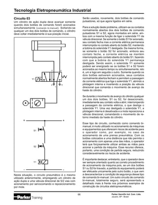 Tecnologia Eletropneumática Industrial
66 Parker Hannifin Ind. Com. Ltda.
Jacareí, SP - Brasil
2 4
1
3 5
Y1
S2
S1
Y1
Circuito 03
Um cilindro de ação dupla deve avançar somente
quando dois botões de comando forem acionados
simultaneamente (comando bi-manual). Soltando-se
qualquer um dos dois botões de comando, o cilindro
deve voltar imediatamente à sua posição inicial.
Nesta situação, o circuito pneumático é o mesmo
utilizado anteriormente, empregando um cilindro de
ação dupla e uma válvula direcional de 5/2 vias com
acionamento por servocomando e reposicionamento
por mola.
Serão usados, novamente, dois botões de comando
pulsadores, só que agora ligados em série.
Para a solução deste problema, utilizam-se os contatos
normalmente abertos dos dois botões de comando
pulsadores S1 e S2, agora montados em série, am-
bos com a mesma função de ligar o solenóide Y1 da
válvula direcional. Se somente o botão S1 for acionado,
seu contato fecha mas a corrente elétrica permanece
interrompida no contato aberto do botão S2, mantendo
a bobina do solenóide Y1 desligada. Da mesma forma,
se somente o botão S2 for acionado, embora seu
contato feche, a corrente elétrica se mantém
interrompida pelo contato aberto do botão S1, fazendo
com que a bobina do solenóide Y1 permaneça
desligada. Sendo assim, o solenóide Y1 somente
poderá ser energizado se os botões S1 e S2 forem
acionados ao mesmo tempo ou simultaneamente, isto
é, um e logo em seguida o outro. Somente quando os
dois botões estiverem acionados, seus contatos
normalmente abertos fecham e permitem a passagem
da corrente elétrica que liga o solenóide Y1, abrindo a
pilotagem interna e invertendo a posição da válvula
direcional que comanda o movimento de avanço da
haste do cilindro.
Se durante o movimento de avanço do cilindro qualquer
um dos dois botões, S1 ou S2, for desacionado,
imediatamente seu contato volta a abrir, interrompendo
a passagem da corrente elétrica, o que desliga o
solenóide Y1. Uma vez desligado o solenóide Y1, a
pilotagem interna é desativada e a mola reposiciona a
válvula direcional, comandando o movimento de re-
torno imediato da haste do cilindro.
Esse tipo de circuito, conhecido como comando bi-
manual, é muito utilizado no acionamento de máquinas
e equipamentos que oferecem riscos de acidente para
o operador como, por exemplo, no caso de
acionamento de uma prensa pneumática. Com os
botões colocados a uma distância que não permita o
acionamento com apenas uma das mãos, o operador
terá que forçosamente utilizar ambas as mãos para
acionar a partida da máquina. Esse recurso oferece,
portanto, uma condição de partida segura, reduzindo
consideravelmente os riscos de acidente.
É importante destacar, entretanto, que o operador deve
ser sempre orientado quanto ao correto procedimento
de acionamento da máquina pois, se um dos botões
S1 ou S2 for travado, a partida do equipamento poderá
ser efetuada unicamente pelo outro botão, o que vem
a descaracterizar a condição de segurança desse tipo
de comando bi-manual. Um outro circuito de comando
bi-manual, totalmente seguro, será apresentado e
detalhado mais à frente nos próximos exemplos de
construção de circuitos eletropneumáticos.
+
-
+
-
 