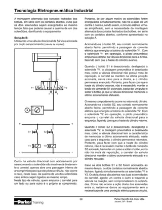 Tecnologia Eletropneumática Industrial
68 Parker Hannifin Ind. Com. Ltda.
Jacareí, SP - Brasil
S2S1
Y2Y1
2 4
13 5
Y1 Y2
A montagem alternada dos contatos fechados dos
botões, em série com os contatos abertos, evita que
os dois solenóides sejam energizados ao mesmo
tempo, fato que poderia causar a queima de um dos
solenóides, danificando o equipamento.
Solução B:
Utilizando uma válvula direcional de 5/2 vias acionada
por duplo servocomando (válvula de impulso).
Como na válvula direcional com acionamento por
servocomando o solenóide não movimenta diretamen-
te o carretel, apenas abre uma passagem interna de
ar comprimido para que ele pilote a válvula, não ocorre
o risco, neste caso, da queima de um dos solenóides
caso ambos sejam ligados ao mesmo tempo.
Neste tipo de válvula, quem empurra o carretel para
um lado ou para outro é o próprio ar comprimido.
Portanto, se por algum motivo os solenóides forem
energizados simultaneamente, não há a ação de um
contra o outro e, sendo assim, o circuito elétrico torna-
se simplificado, sem a necessidade da montagem
alternada dos contatos fechados dos botões, em série
com os contatos abertos, conforme apresentado na
solução A.
Acionando-se o botão S1, seu contato normalmente
aberto fecha, permitindo a passagem da corrente
elétrica que energiza a bobina do solenóide Y1. Com
o solenóide Y1 em operação, o piloto pneumático
empurra o carretel da válvula direcional para a direita,
fazendo com que a haste do cilindro avance.
Quando o botão S1 é desacionado, desligando o
solenóide Y1, a pilotagem pneumática é desativada
mas, como a válvula direcional não possui mola de
reposição, o carretel se mantém na última posição
acionada, neste caso para a direita, e o cilindro
permanece avançado. Portanto, para fazer com que a
haste do cilindro avance, não é necessário manter o
botão de comando S1 acionado, basta dar um pulso e
soltar o botão, já que a válvula direcional memoriza o
último acionamento efetuado.
O mesmo comportamento ocorre no retorno do cilindro.
Acionando-se o botão S2, seu contato normalmente
aberto fecha, permitindo a passagem da corrente
elétrica que energiza a bobina do solenóide Y2. Com
o solenóide Y2 em operação, o piloto pneumático
empurra o carretel da válvula direcional para a
esquerda, fazendo com que a haste do cilindro retorne.
Quando o botão S2 é desacionado, desligando o
solenóide Y2, a pilotagem pneumática é desativada
mas, como a válvula direcional tem a característica
de memorizar o último acionamento efetuado, neste
caso para a esquerda, o cilindro permanece retornado.
Portanto, para fazer com que a haste do cilindro
retorne, não é necessário manter o botão de comando
S2 acionado, basta dar um pulso e soltar o botão, como
não há mola de reposição, o carretel da válvula
direcional mantém o último acionamento efetuado e o
cilindro recuado.
Caso os dois botões S1 e S2 forem acionados ao
mesmo tempo, os dois contatos normalmente abertos
fecham, ligando simultaneamente os solenóides Y1 e
Y2. Os dois pilotos são abertos nas duas extremidades
do carretel, agindo um contra o outro e travando a
válvula na posição, sem comprometerem os solenói-
des. Como não ocorre a ação direta dos solenóides
entre si, evitam-se danos ao equipamento sem a
necessidade de uma proteção elétrica para o circuito.
+
-
+
-
 