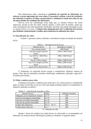 Para dimensionar cabos, calcula-se a resistência do material de fabricação aos
esforços a serem suportados por esses cabos. É necessário verificar o nível de resistência
dos materiais à ruptura. Os tipos, características e resistência à tração dos cabos de aço
são apresentados nos catálogos dos fabricantes.
Deve-se levar em consideração nesta etapa que, os cálculos teóricos são muito
imprecisos, devido ao fato dos cabos estarem sujeitos a vários tipos de tensões, sendo que
estas normalmente não estão igualmente distribuídas, havendo uma grande discrepância entre
os valores teóricos e os reais. A solução mais adequada para tal é a utilização das normas
que facilitam a padronização e melhor aproveitamento na utilização dos cabos.
9.1 Especificação dos cabos
A tabela 1 apresenta valores referentes a resistência à tração em função do material
do fio.
Tabela 1 – Resistência do fio de aço
Material do fio Resistência à tração
Aço comum (irom) 600 N/mm2
Aço para tração (traction
Steel)
1200 a 1400 N/mm2
Aço M.P.S. ( Mild Plow
Steel)
1400 a 1600 N/mm2
Aço P.S. (Plow Steel) 1600 a 1800 N/mm2
Aço I.P.S. (Improved Plow
Steel)
1800 a 2000 N/mm2
Aço E.I.P.S. (Extra I,P,S.) 2000 a 2300 N/mm2
E, finalmente, na requisição devem constar o comprimento, diâmetro, número de
pernas e fios, tipo de construção, torcedura, lubrificação, acabamento, aplicação, carga útil e
resistência dos arames.
9.2 Polias e tambores para cabos
O diâmetro das polias e tambores para cabos deve ser o maior possível, considerando
todos os fatores envolvidos no serviço. Para uma rápida avaliação podem ser considerados os
diâmetros indicados na tabela 2.
Tabela 2 – especificação de polias e cabos
Tipo de serviço Cabos Diâmetro da polia
Máquina com acionamento manual 6 x 37 16d
Serviços de pequena intensidade 8 x 19 20d
Serviços de média intensidade 6 x 25 25d
Serviço de grande intensidade 6 x 19 30d
Cabos não retroativos 18 x 7; 19 x 7 34d
Cabos pouco flexíveis 6 x 7 42d
d = diâmetro do cabo
Quanto à forma da canaleta (ou canal) devem ser observadas as recomendações do
fabricante. Na ausência dessas informações, podem-se considerar os seguintes dados:
13
 