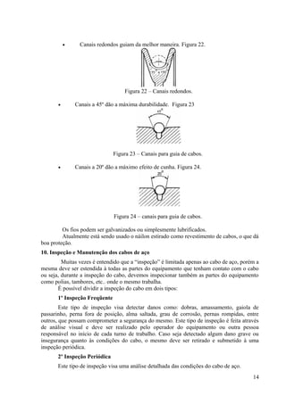 • Canais redondos guiam da melhor maneira. Figura 22.
Figura 22 – Canais redondos.
• Canais a 45º dão a máxima durabilidade. Figura 23
Figura 23 – Canais para guia de cabos.
• Canais a 20º dão a máximo efeito de cunha. Figura 24.
Figura 24 – canais para guia de cabos.
Os fios podem ser galvanizados ou simplesmente lubrificados.
Atualmente está sendo usado o náilon estirado como revestimento de cabos, o que dá
boa proteção.
10. Inspeção e Manutenção dos cabos de aço
Muitas vezes é entendido que a “inspeção” é limitada apenas ao cabo de aço, porém a
mesma deve ser estendida à todas as partes do equipamento que tenham contato com o cabo
ou seja, durante a inspeção do cabo, devemos inspecionar também as partes do equipamento
como polias, tambores, etc.. onde o mesmo trabalha.
É possível dividir a inspeção do cabo em dois tipos:
1º Inspeção Freqüente
Este tipo de inspeção visa detectar danos como: dobras, amassamento, gaiola de
passarinho, perna fora de posição, alma saltada, grau de corrosão, pernas rompidas, entre
outros, que possam comprometer a segurança do mesmo. Este tipo de inspeção é feita através
de análise visual e deve ser realizado pelo operador do equipamento ou outra pessoa
responsável no início de cada turno de trabalho. Caso seja detectado algum dano grave ou
insegurança quanto às condições do cabo, o mesmo deve ser retirado e submetido à uma
inspeção periódica.
2º Inspeção Periódica
Este tipo de inspeção visa uma análise detalhada das condições do cabo de aço.
14
 