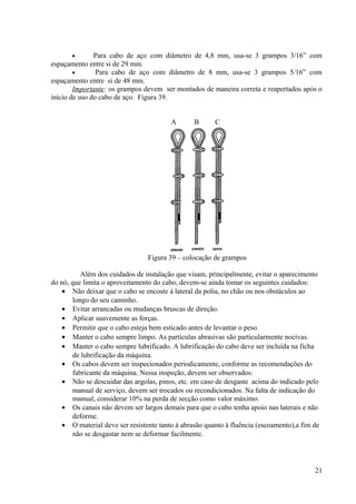• Para cabo de aço com diâmetro de 4,8 mm, usa-se 3 grampos 3/16” com
espaçamento entre si de 29 mm.
• Para cabo de aço com diâmetro de 8 mm, usa-se 3 grampos 5/16” com
espaçamento entre si de 48 mm.
Importante: os grampos devem ser montados de maneira correta e reapertados após o
início de uso do cabo de aço. Figura 39.
A B C
Figura 39 – colocação de grampos
Além dos cuidados de instalação que visam, principalmente, evitar o aparecimento
do nó, que limita o aproveitamento do cabo, devem-se ainda tomar os seguintes cuidados:
• Não deixar que o cabo se encoste à lateral da polia, no chão ou nos obstáculos ao
longo do seu caminho.
• Evitar arrancadas ou mudanças bruscas de direção.
• Aplicar suavemente as forças.
• Permitir que o cabo esteja bem esticado antes de levantar o peso.
• Manter o cabo sempre limpo. As partículas abrasivas são particularmente nocivas.
• Manter o cabo sempre lubrificado. A lubrificação do cabo deve ser incluída na ficha
de lubrificação da máquina.
• Os cabos devem ser inspecionados periodicamente, conforme as recomendações do
fabricante da máquina. Nessa inspeção, devem ser observados:
• Não se descuidar das argolas, pinos, etc. em caso de desgaste acima do indicado pelo
manual de serviço, devem ser trocados ou recondicionados. Na falta de indicação do
manual, considerar 10% na perda de secção como valor máximo.
• Os canais não devem ser largos demais para que o cabo tenha apoio nas laterais e não
deforme.
• O material deve ser resistente tanto à abrasão quanto à fluência (escoamento),a fim de
não se desgastar nem se deformar facilmente.
21
 