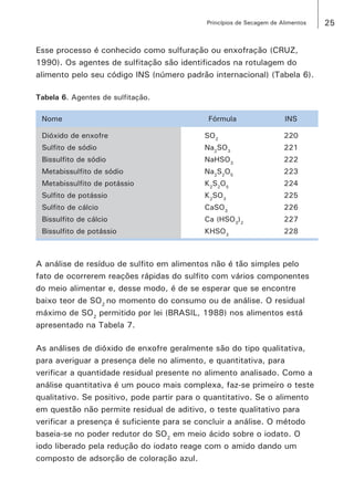 25Princípios de Secagem de Alimentos
Esse processo é conhecido como sulfuração ou enxofração (CRUZ,
1990). Os agentes de sulfitação são identificados na rotulagem do
alimento pelo seu código INS (número padrão internacional) (Tabela 6).
Tabela 6. Agentes de sulfitação.
Nome Fórmula INS
Dióxido de enxofre SO2
220
Sulfito de sódio Na2
SO3
221
Bissulfito de sódio NaHSO3
222
Metabissulfito de sódio Na2
S2
O5
223
Metabissulfito de potássio K2
S2
O5
224
Sulfito de potássio K2
SO3
225
Sulfito de cálcio CaSO3
226
Bissulfito de cálcio Ca (HSO3
)2
227
Bissulfito de potássio KHSO3
228
A análise de resíduo de sulfito em alimentos não é tão simples pelo
fato de ocorrerem reações rápidas do sulfito com vários componentes
do meio alimentar e, desse modo, é de se esperar que se encontre
baixo teor de SO2
no momento do consumo ou de análise. O residual
máximo de SO2
permitido por lei (BRASIL, 1988) nos alimentos está
apresentado na Tabela 7.
As análises de dióxido de enxofre geralmente são do tipo qualitativa,
para averiguar a presença dele no alimento, e quantitativa, para
verificar a quantidade residual presente no alimento analisado. Como a
análise quantitativa é um pouco mais complexa, faz-se primeiro o teste
qualitativo. Se positivo, pode partir para o quantitativo. Se o alimento
em questão não permite residual de aditivo, o teste qualitativo para
verificar a presença é suficiente para se concluir a análise. O método
baseia-se no poder redutor do SO2
em meio ácido sobre o iodato. O
iodo liberado pela redução do iodato reage com o amido dando um
composto de adsorção de coloração azul.
 