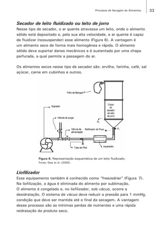 33Princípios de Secagem de Alimentos
Secador de leito fluidizado ou leito de jorro
Nesse tipo de secador, o ar quente atravessa um leito, onde o alimento
sólido está depositado e, pela sua alta velocidade, o ar quente é capaz
de fluidizar (ressuspender) esse alimento (Figura 6). A vantagem é
um alimento seco de forma mais homogênea e rápida. O alimento
sólido deve suportar danos mecânicos e é sustentado por uma chapa
perfurada, a qual permite a passagem do ar.
Os alimentos secos nesse tipo de secador são: ervilha, farinha, café, sal
açúcar, carne em cubinhos e outros.
Figura 6. Representação esquemática de um leito fluidizado.
Fonte: Dias et al. (2000).
Liofilizador
Esse equipamento também é conhecido como “freezedrier” (Figura  7).
Na liofilização, a água é eliminada do alimento por sublimação.
O alimento é congelado e, no liofilizador, sob vácuo, ocorre a
desidratação. O sistema de vácuo deve reduzir a pressão para 1 mmHg,
condição que deve ser mantida até o final da secagem. A vantagem
desse processo são as mínimas perdas de nutrientes e uma rápida
reidratação do produto seco.
 