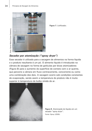 34 Princípios de Secagem de Alimentos
Figura 7. Liofilizador.
Secador por atomização (“spray dryer”)
Esse secador é utilizado para a secagem de alimentos na forma líquida
e o produto resultante é um pó. O alimento líquido é introduzido na
câmara de secagem na forma de gotículas por bicos atomizadores
(Figura 8) para o aumento da superfície de contato com o ar quente,
que percorre a câmara em fluxo contracorrente, concorrente ou como
uma combinação dos dois. A secagem ocorre sob condições constantes
de evaporação, sendo assim a temperatura do produto não é muito
superior à temperatura de bulbo úmido do ar.
Figura 8. Atomização do líquido em um
secador ”spray dryer”.
Fonte: Spray (2009).
Foto:SoniaMariaCostaCelestino.
 