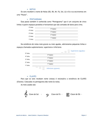 • NOTAS
       Os sons recebem o nome de Notas (Dó, Ré, Mi. Fá, Sol, Lá e Si) e as escrevemos em
uma “Pauta”.

              • PENTAGRAMA
       Essa pauta também é conhecida como “Pentagrama” que é um conjunto de cinco
linhas e quatro espaços paralelos e horizontais que são contados de baixo para cima.
                     5ª linha   _______________________________________________________________
                                                       4º espaço
                     4ª linha   _______________________________________________________________
                                                       3º espaço
                     3ª linha   _______________________________________________________________
                                                       2º espaço
                     2ª linha   _______________________________________________________________
                                                       1º espaço
                     1ª linha   _______________________________________________________________


       Na existência de notas mais graves ou mais agudas, adicionamos pequenas linhas e
espaços chamados suplementares: superiores e inferiores
                                                                                          ____
                                                                                   ____   ____   Superiores (agudos)
                                                                            ____   ____   ____
               5ª linha    _______________________________________________________________
                                                 4º espaço
               4ª linha    _______________________________________________________________
                                                 3º espaço
               3ª linha    _______________________________________________________________
                                                 2º espaço
               2ª linha    _______________________________________________________________
                                                 1º espaço
               1ª linha    _______________________________________________________________
                                 ____   ____   ____
                                 ____   ____   ____
                                 ____   ____   ____
                                                      Inferiores (graves)




                  • CLAVES
       Para que os sons recebam nome (notas) é necessária a existência de CLAVES
(Chaves). Colocadas no pentagrama dão nome às notas.
       As mais usadas são:




               Clave de Sol              -               Clave de Fá -                       Clave de Dó -   




Apostila de Música - Metal Essência – Orquestra Ebenézer                                                       Página 3
 