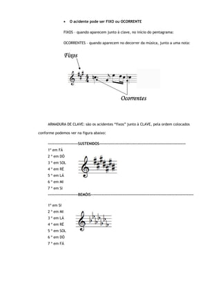 •   O acidente pode ser FIXO ou OCORRENTE

                 FIXOS – quando aparecem junto à clave, no início do pentagrama:

                 OCORRENTES – quando aparecem no decorrer da música, junto a uma nota:


                 Fixos




                                                        Ocorrentes


     ARMADURA DE CLAVE: são os acidentes “fixos” junto à CLAVE, pela ordem colocados

conforme podemos ver na figura abaixo:

     ----------------------SUSTENIDOS---------------------------------------------------------------
     1º em FÁ
     2 º em DÓ
     3 º em SOL
     4 º em RÉ
     5 º em LÁ
     6 º em MI
     7 º em SI
     ----------------------BEMÓIS---------------------------------------------------------------------------

     1º em SI
     2 º em MI
     3 º em LÁ
     4 º em RÉ
     5 º em SOL
     6 º em DÓ
     7 º em FÁ
 