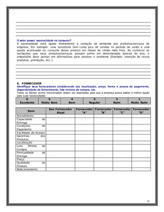 43
O setor possui sazonalidade no consumo?
A sazonalidade está ligada diretamente a variação da demanda dos produtos/serviços da
empresa. Por exemplo: uma sorveteria tem como pico de vendas no período de verão e uma
queda acentuada no consumo desse produto em meses de climas mais frios. Ao conhecer as
oscilações que seus produtos/serviços possam sofrer em determinadas épocas do ano, o
empresário deve pensar em alternativas para resolver o problema (Exemplo: inserção de novos
produtos, promoção, etc.).
6. FORNECEDOR
Identifique seus fornecedores considerando sua localização, preço, forma e prazos de pagamento,
disponibilidade de fornecimento, lote mínimo de compra, etc.
Todos os fatores acima mencionados devem ser levantados para que a empresa possa avaliar a melhor opção
para suas necessidades.
6
Excelente
5
Muito Bom
4
Bom
3
Regular
2
Ruim
1
Muito Ruim
Item
Seu Fornecedor
Atual
Fornecedor
"A"
Fornecedor
"B"
Fornecedor
"C"
Fornecedor
"D"
Atendimento
Capacidade de
Entrega
Condições de
Pagamento
Facilidade de Acesso
Garantias dos
Produtos
Localização
Lote Mínimo de
Compra
Pontualidade de
Entrega
Preço
Qualidade do
Produto
Relacionamento
 