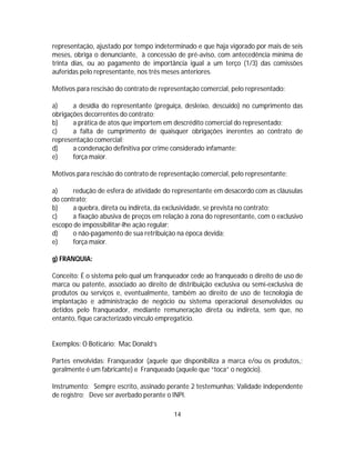 representação, ajustado por tempo indeterminado e que haja vigorado por mais de seis
meses, obriga o denunciante, à concessão de pré-aviso, com antecedência mínima de
trinta dias, ou ao pagamento de importância igual a um terço (1/3) das comissões
auferidas pelo representante, nos três meses anteriores.
Motivos para rescisão do contrato de representação comercial, pelo representado:
a) a desídia do representante (preguiça, desleixo, descuido) no cumprimento das
obrigações decorrentes do contrato;
b) a prática de atos que importem em descrédito comercial do representado;
c) a falta de cumprimento de quaisquer obrigações inerentes ao contrato de
representação comercial;
d) a condenação definitiva por crime considerado infamante;
e) força maior.
Motivos para rescisão do contrato de representação comercial, pelo representante:
a) redução de esfera de atividade do representante em desacordo com as cláusulas
do contrato;
b) a quebra, direta ou indireta, da exclusividade, se prevista no contrato;
c) a fixação abusiva de preços em relação à zona do representante, com o exclusivo
escopo de impossibilitar-lhe ação regular;
d) o não-pagamento de sua retribuição na época devida;
e) força maior.
g) FRANQUIA:
Conceito: É o sistema pelo qual um franqueador cede ao franqueado o direito de uso de
marca ou patente, associado ao direito de distribuição exclusiva ou semi-exclusiva de
produtos ou serviços e, eventualmente, também ao direito de uso de tecnologia de
implantação e administração de negócio ou sistema operacional desenvolvidos ou
detidos pelo franqueador, mediante remuneração direta ou indireta, sem que, no
entanto, fique caracterizado vínculo empregatício.
Exemplos: O Boticário; Mac Donald’s
Partes envolvidas: Franqueador (aquele que disponibiliza a marca e/ou os produtos,;
geralmente é um fabricante) e Franqueado (aquele que “toca” o negócio).
Instrumento: Sempre escrito, assinado perante 2 testemunhas; Validade independente
de registro; Deve ser averbado perante o INPI.
14
 
