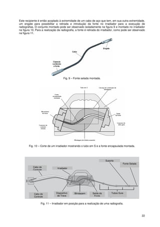 22
Este recipiente é então acoplado à extremidade de um cabo de aço que tem, em sua outra extremidade,
um engate para possibilitar a retirada e introdução da fonte no irradiador para a execução de
radiografias. O conjunto montado pode ser observado isoladamente na figura 9 e montado no irradiador
na figura 10. Para a realização da radiografia, a fonte é retirada do irradiador, como pode ser observado
na figura 11.
Fig. 9 – Fonte selada montada.
Fig. 10 – Corte de um irradiador mostrando o tubo em S e a fonte encapsulada montada.
Fig. 11 – Irradiador em posição para a realização de uma radiografia.
Cabo de
Controle
Cabo de
Controle
Dispositivo
de Trava
Saída da
Fonte
Blindagem Tubos Guia
Suporte
Fonte Selada
Irradiador
Cabo de
Controle
 