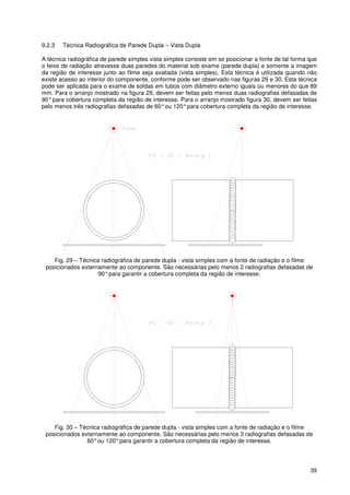 39
9.2.3 Técnica Radiográfica de Parede Dupla – Vista Dupla
A técnica radiográfica de parede simples vista simples consiste em se posicionar a fonte de tal forma que
o feixe de radiação atravesse duas paredes do material sob exame (parede dupla) e somente a imagem
da região de interesse junto ao filme seja avaliada (vista simples). Esta técnica é utilizada quando não
existe acesso ao interior do componente, conforme pode ser observado nas figuras 29 e 30. Esta técnica
pode ser aplicada para o exame de soldas em tubos com diâmetro externo iguais ou menores do que 89
mm. Para o arranjo mostrado na figura 29, devem ser feitas pelo menos duas radiografias defasadas de
90°para cobertura completa da região de interesse. Para o arranjo mostrado figura 30, devem ser feitas
pelo menos três radiografias defasadas de 60°ou 120°para cobertura completa da região de interesse.
Fig. 29 – Técnica radiográfica de parede dupla - vista simples com a fonte de radiação e o filme
posicionados externamente ao componente. São necessárias pelo menos 2 radiografias defasadas de
90°para garantir a cobertura completa da região de interesse.
Fig. 30 – Técnica radiográfica de parede dupla - vista simples com a fonte de radiação e o filme
posicionados externamente ao componente. São necessárias pelo menos 3 radiografias defasadas de
60°ou 120°para garantir a cobertura completa da região de interesse.
 