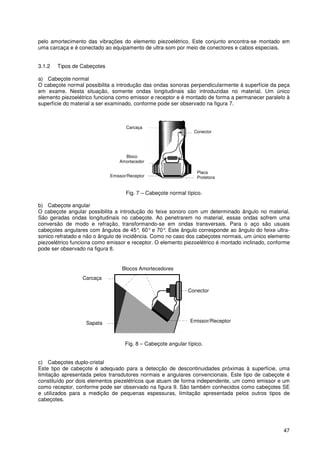 47
pelo amortecimento das vibrações do elemento piezoelétrico. Este conjunto encontra-se montado em
uma carcaça e é conectado ao equipamento de ultra-som por meio de conectores e cabos especiais.
3.1.2 Tipos de Cabeçotes
a) Cabeçote normal
O cabeçote normal possibilita a introdução das ondas sonoras perpendicularmente à superfície da peça
em exame. Nesta situação, somente ondas longitudinais são introduzidas no material. Um único
elemento piezoelétrico funciona como emissor e receptor e é montado de forma a permanecer paralelo à
superfície do material a ser examinado, conforme pode ser observado na figura 7.
Fig. 7 – Cabeçote normal típico.
b) Cabeçote angular
O cabeçote angular possibilita a introdução do feixe sonoro com um determinado ângulo no material.
São geradas ondas longitudinais no cabeçote. Ao penetrarem no material, essas ondas sofrem uma
conversão de modo e refração, transformando-se em ondas transversais. Para o aço são usuais
cabeçotes angulares com ângulos de 45°, 60°e 70°. Este ângulo corresponde ao ângulo do feixe ultra-
sonico refratado e não o ângulo de incidência. Como no caso dos cabeçotes normais, um único elemento
piezoelétrico funciona como emissor e receptor. O elemento piezoelétrico é montado inclinado, conforme
pode ser observado na figura 8.
Fig. 8 – Cabeçote angular típico.
c) Cabeçotes duplo-cristal
Este tipo de cabeçote é adequado para a detecção de descontinuidades próximas à superfície, uma
limitação apresentada pelos transdutores normais e angulares convencionais. Este tipo de cabeçote é
constituído por dois elementos piezelétricos que atuam de forma independente, um como emissor e um
como receptor, conforme pode ser observado na figura 9. São também conhecidos como cabeçotes SE
e utilizados para a medição de pequenas espessuras, limitação apresentada pelos outros tipos de
cabeçotes.
Blocos Amortecedores
Sapata Emissor/Receptor
Conector
Carcaça
Bloco
Amortecedor
Emissor/Receptor
Placa
Protetora
Conector
Carcaça
 