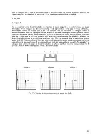 58
Para o cabeçote n° 2, onde a descontinuidade se encontra antes de ocorrer a primeira reflexão na
superfície oposta ao cabeçote, as distâncias a1 e d1 podem ser determinadas através de:
βsenPa s=1
βcos1 sPd =
Ao se encontrar uma descontinuidade no material, o passo seguinte é a determinação de suas
dimensões. Com relação ao dimensionamento, será apresentada uma das técnicas utilizadas,
denominada técnica da queda dos 6 dB. Ela consiste em se posicionar o cabeçote sobre a
descontinuidade e procurar a posição em que a reflexão do feixe sonoro pela mesma produza o sinal
com maior amplitude na tela. Neste momento ajusta-se o controle de ganho do aparelho de ultra-som
para que o sinal fique a 100% da altura da tela. A seguir o cabeçote deve ser deslocado ao longo da
descontinuidade até que a amplitude do sinal caia para 50% da altura da tela, o equivalente a uma
queda de 6 dB. Este procedimento deve ser feito em várias direções sobre a descontinuidade, de forma
a se determinar os seus limites. O processo utilizado pode ser observado na figura 27. Na posição 1 o
cabeçote está totalmente sobre a descontinuidade e a reflexão obtida é máxima. Nas posições 2 e 3
apenas a metade do feixe sônico está sobre a descontinuidade.
312
50%
Posição 2
100%
Posição 1
50%
Posição 3
Fig. 27 – Técnica de dimensionamento da queda dos 6 dB.
 