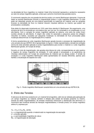 87
na densidade de fluxo magnético no material. Cada linha horizontal representa o acréscimo necessário
ao valor do campo magnético aplicado, antes que o próximo movimento das paredes ocorra.
O movimento repentino de uma parede de domínio produz um evento Barkhausen elementar. A soma de
todos os eventos Barkhausen durante a magnetização produz o ruído magnético Barkhausen. O ruído
pode ser detectado através de uma bobina posicionada na superfície do material, pois as variações
bruscas na densidade de fluxo no material induzem impulsos elétricos na mesma, que podem ser
processados e analisados.
Este efeito foi observado inicialmente em 1919, pelo físico alemão H. Barkhausen. No experimento, uma
amostra de ferro foi envolvida por uma bobina que, por sua vez, foi conectada a um amplificador e a um
alto-falante. Com a variação do campo magnético aplicado ao sistema, uma série de ruídos foram
ouvidos através do alto-falante. A origem dos ruídos foi associada a pequenos pulsos de voltagem
induzidos na bobina, causados por pequenas mudanças na densidade de fluxo provocadas pelas
mudanças descontínuas na magnetização M no material.
A forma característica do ruído magnético Barkhausen gerado durante o processo de magnetização de
uma amostra de aço ASTM A 36 é apresentada na figura 2. Estão representados a tensão de excitação
(forma de onda senoidal) aplicada à sonda magnetoelástica para excitar o material e o ruído magnético
Barkhausen gerado, em função do tempo.
Durante um ciclo de magnetização, são gerados dois blocos do ruído, correspondentes ao valor positivo
e negativo do campo magnético de excitação. O ruído gerado é processado e os parâmetros de
interesse selecionados em função da característica do material que se deseja avaliar. A tensão de
excitação e o ruído magnético Barkhausen estão apresentados em escalas diferentes, apenas para
facilitar a visualização do aspecto do ruído.
Fig. 2 – Ruído magnético Barkhausen característico em uma amostra de aço ASTM A 36.
2. Efeito das Tensões
A estrutura de domínios existente em um material ferromagnético, além de ser afetada pela aplicação de
um campo magnético ao material, também é afetada pelo estado de tensões presente no mesmo,
através do efeito magnetoelástico. As tensões mecânicas influenciam a distribuição dos domínios e o
movimento das fronteiras através da interação magnetoelástica. A tensão produz um campo magnético
efetivo Hσ expresso por:
S0S M23=H µσλσ , sendo,
λS = a magnetostrição quando o material está na magnetização de saturação
σ = a tensão aplicada
µ0 = a permeabilidade magnética do vácuo
MS = a magnetização de saturação
Tensão de
Excitação
Ruído
magnético
Barkhausen
Ruído
magnético
Barkhausen
 