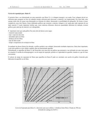 R.Andreucci                             Controle da Qualidade II                    Ed.   Jul./2008                           23



Curvas de exposição para Raios X.

O primeiro fator a ser determinado em uma exposição com Raios X, é a voltagem (energia) a ser usada. Essa voltagem deverá ser
suficiente para assegurar ao feixe de radiação energia suficiente para atravessar o material a ser inspecionado. Por outro lado, uma
energia muito alta irá causar uma diminuição no contraste do objeto, diminuindo a sensibilidade da radiografia. De forma a tornar
compatíveis esses dois fatores, foram elaborados gráficos que mostram a máxima voltagem a ser usada para cada espessura de um
dade material. É muito imporante lembrar que, como materiais diferentes absorvem quantidades diferentes de radiação, existem
gráficos para cada tipo de material a ser radiografado.

É importante notar que cada gráfico fixa uma série de fatores como segue:
- material inspecionado
- tipo e espessura das telas
- densidade óptica do filme
- distância do foco-filme
- tipo de filme usado
- tempo e temperatura de revelação do filme

Se qualquer um desses fatores for alterado, o gráfico perderá a sua validade, fornecendo resultados imprecisos. Outro fator importante,
é que esses gráficos só são válidos, também, para um determinado aparelho.
Normalmente, os aparelhos de Raios X, são fornecidos com uma série de gráficos que permitem a sua utilização em uma vasta gama
de situações.A escolha da miliamperagem e ou do tempo de exposição, prende-se à capacidade do aparelho, usando-se o que for mais
conveniente.
O cálculo do tempo de exposição de filmes para aparelhos de Raios-X pode ser calculado com auxílio do gráfico fornecido pelo
fabricante do aparelho ou do filme.




            Curva de Exposição para Raios X , direcional, para aços carbono. A distância fonte-filme é fixada em 700 mm
                                                 (Extraído do catalogo da AGFA )
 