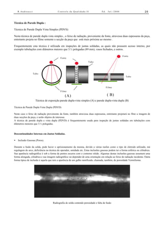 R.Andreucci                           Controle da Qualidade II                   Ed.    Jul./2008                          26



Técnica de Parede Dupla :

Técnica de Parede Dupla Vista Simples (PDVS):

Nesta técnica de parede dupla vista simples , o feixe de radiação, proveniente da fonte, atravessa duas espessuras da peça,
entretanto projeta no filme somente a secção da peça que está mais próxima ao mesmo .

Frequentemente esta técnica é utilizada em inspeções de juntas soldadas, as quais não possuem acesso interno, por
exemplo tubulações com diâmetros maiores que 3.½ polegadas (89 mm), vasos fechados, e outros.

                                                                                                         Fonte
                                             Fonte
                                                                        Tubo




                  Tubo
                                                                                                             Tubo



                                                                                           Filme
                                             Filme

                                                 (A)                                       ( B)
                    Técnica de exposição parede dupla-vista simples (A) e parede dupla-vista dupla (B)

Técnica de Parede Dupla Vista Dupla (PDVD)

Neste caso o feixe de radiação proveniente da fonte, também atravessa duas espessuras, entretanto projetará no flme a imagem de
duas secções da peça, e serão objetos de interesse.
A técnica de parede dupla e vista dupla (PDVD) é frequentemente usada para inspeção de juntas soldadas em tubulações com
diâmetros menores que 3.½ polegadas.


Descontinuidades Internas em Juntas Soldadas.

•   Inclusão Gasosas (Poros).

Durante a fusão da solda, pode haver o aprisionamento da mesma, devido a várias razões como o tipo de eletrodo utilizado, má
regulagem do arco, deficiência na técnica do operador, umidade etc. Estas inclusões gasosas podem ter a forma esférica ou cilíndrica.
Sua aparência radiográfica é sob a forma de pontos escuros com o contorno nítido. Algumas destas inclusões gasosas assumem uma
forma alongada, cilindrica e sua imagem radiográfica vai depender de uma orientação em relação ao feixe de radiação incidente. Outra
forma típica de inclusão é aquela que tem a aparência de um galho ramificado, chamada, também, de porosidade Vermiforme.




                                      Radiografia de solda contendo porosidade e falta de fusão
 