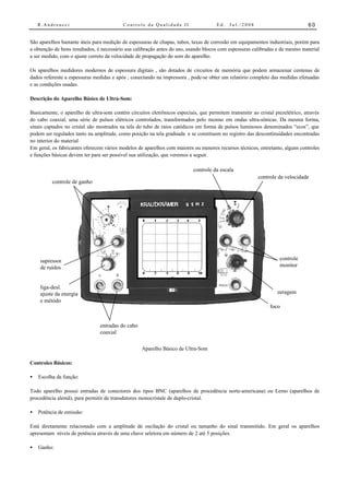 R.Andreucci                           Controle da Qualidade II                   Ed.   Jul./2008                           60


São aparelhos bastante úteis para medição de espessuras de chapas, tubos, taxas de corrosão em equipamentos industriais, porém para
a obtenção de bons resultados, é necessário sua calibração antes do uso, usando blocos com espessuras calibradas e de mesmo material
a ser medido, com o ajuste correto da velocidade de propagação do som do aparelho.

Os aparelhos medidores modernos de espessura digitais , são dotados de circuitos de memória que podem armazenar centenas de
dados referente a espessuras medidas e após , conectando na impressora , pode-se obter um relatório completo das medidas efetuadas
e as condições usadas.

Descrição do Aparelho Básico de Ultra-Som:

Basicamente, o aparelho de ultra-som contém circuitos eletrônicos especiais, que permitem transmitir ao cristal piezelétrico, através
do cabo coaxial, uma série de pulsos elétricos controlados, transformados pelo mesmo em ondas ultra-sônicas. Da mesma forma,
sinais captados no cristal são mostrados na tela do tubo de raios catódicos em forma de pulsos luminosos denominados “ecos”, que
podem ser regulados tanto na amplitude, como posição na tela graduada e se constituem no registro das descontinuidades encontradas
no interior do material
Em geral, os fabricantes oferecem vários modelos de aparelhos com maiores ou menores recursos técnicos, entretanto, alguns controles
e funções básicas devem ter para ser possível sua utilização, que veremos a seguir.

                                                                           controle da escala
                                                                                                        controle da velocidade
          controle de ganho




    supressor                                                                                                     controle
    de ruídos                                                                                                     monitor


    liga-desl.
    ajuste da energia                                                                                            zeragem
    e método
                                                                                                              foco


                                entradas do cabo
                                coaxial

                                                   Aparelho Básico de Ultra-Som

Controles Básicos:

•   Escolha da função:

Todo aparelho possui entradas de conectores dos tipos BNC (aparelhos de procedência norte-americana) ou Lemo (aparelhos de
procedência alemã), para permitir de transdutores monocristale de duplo-cristal.

•   Potência de emissão:

Está diretamente relacionado com a amplitude de oscilação do cristal ou tamanho do sinal transmitido. Em geral os aparelhos
apresentam níveis de potência através de uma chave seletora em número de 2 até 5 posições.

•   Ganho:
 